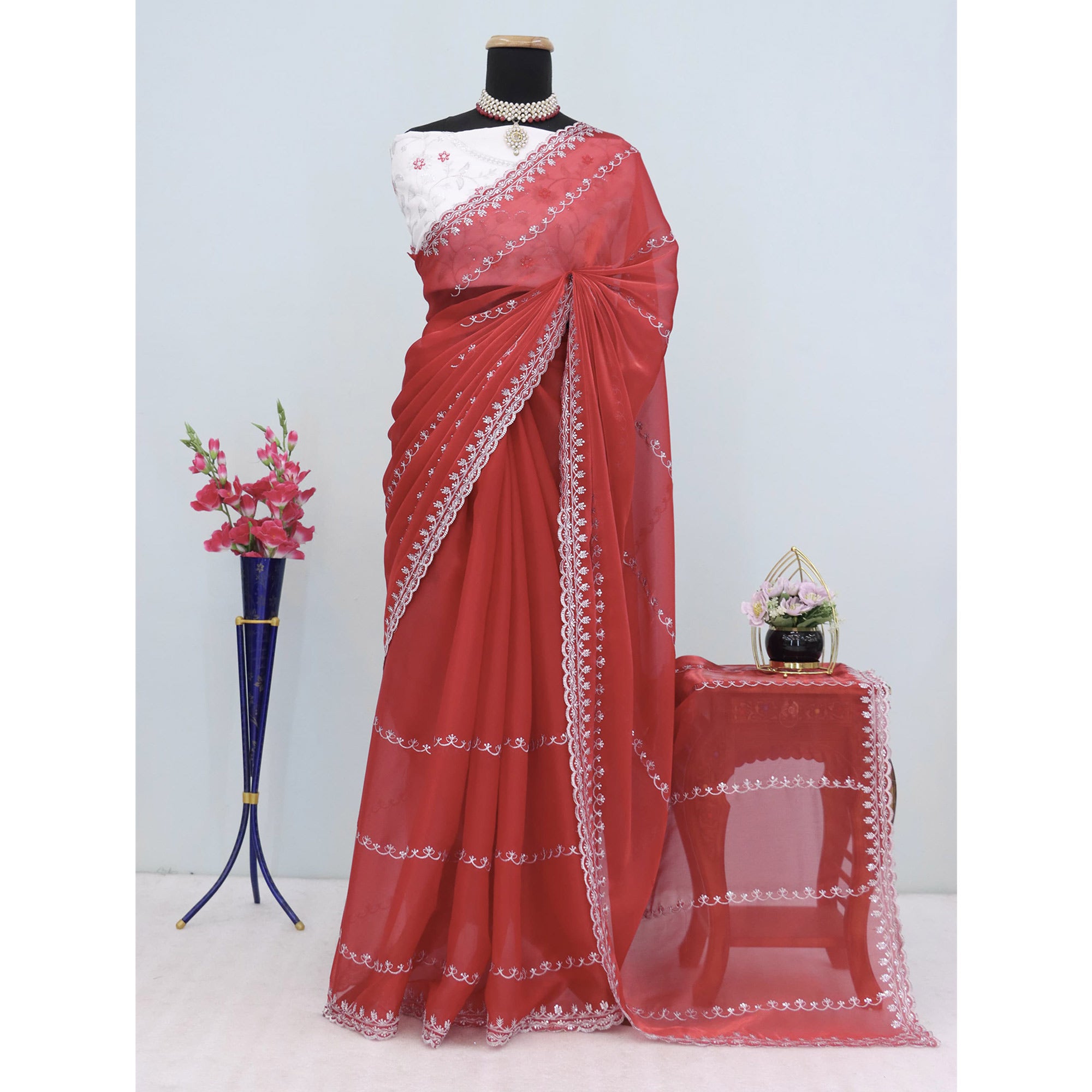 Red Sequins Embroidered Satin Saree