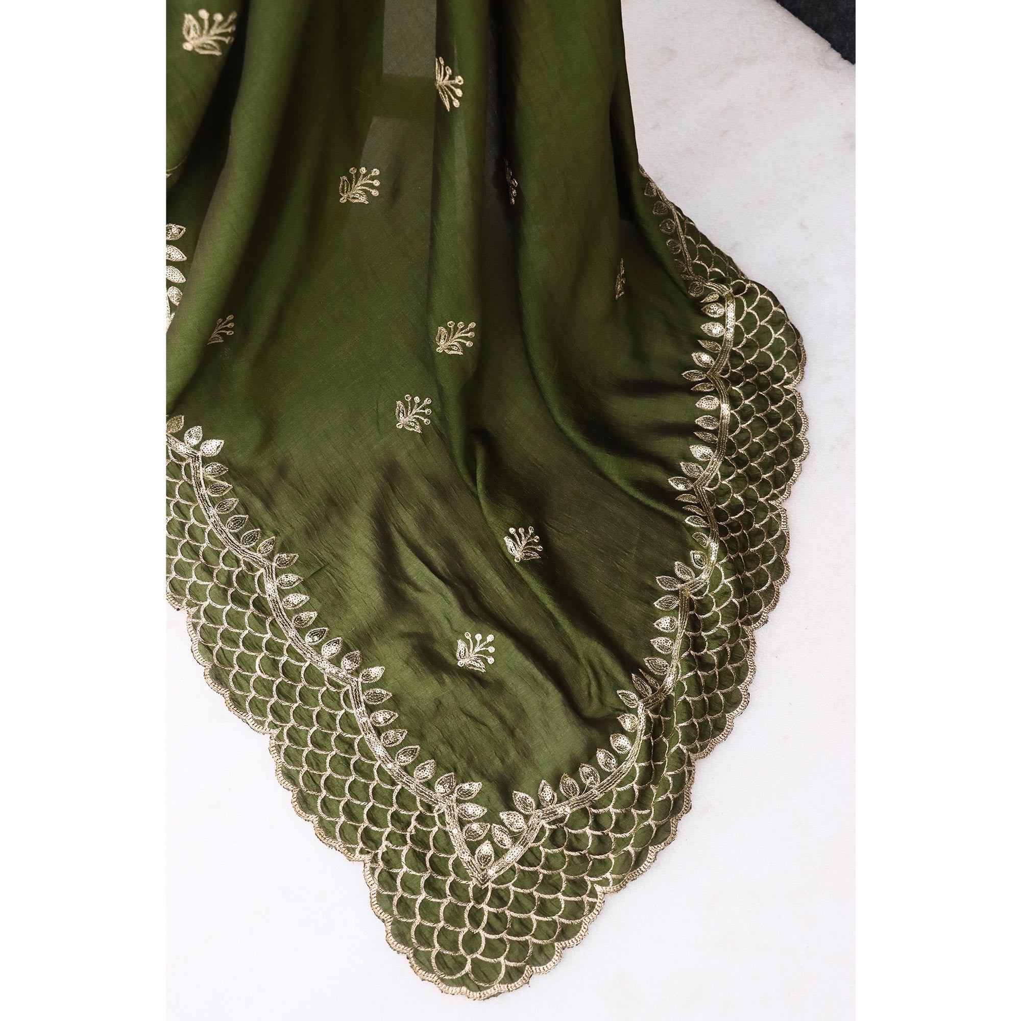 Green Sequins Embroidered Vichitra Silk Saree