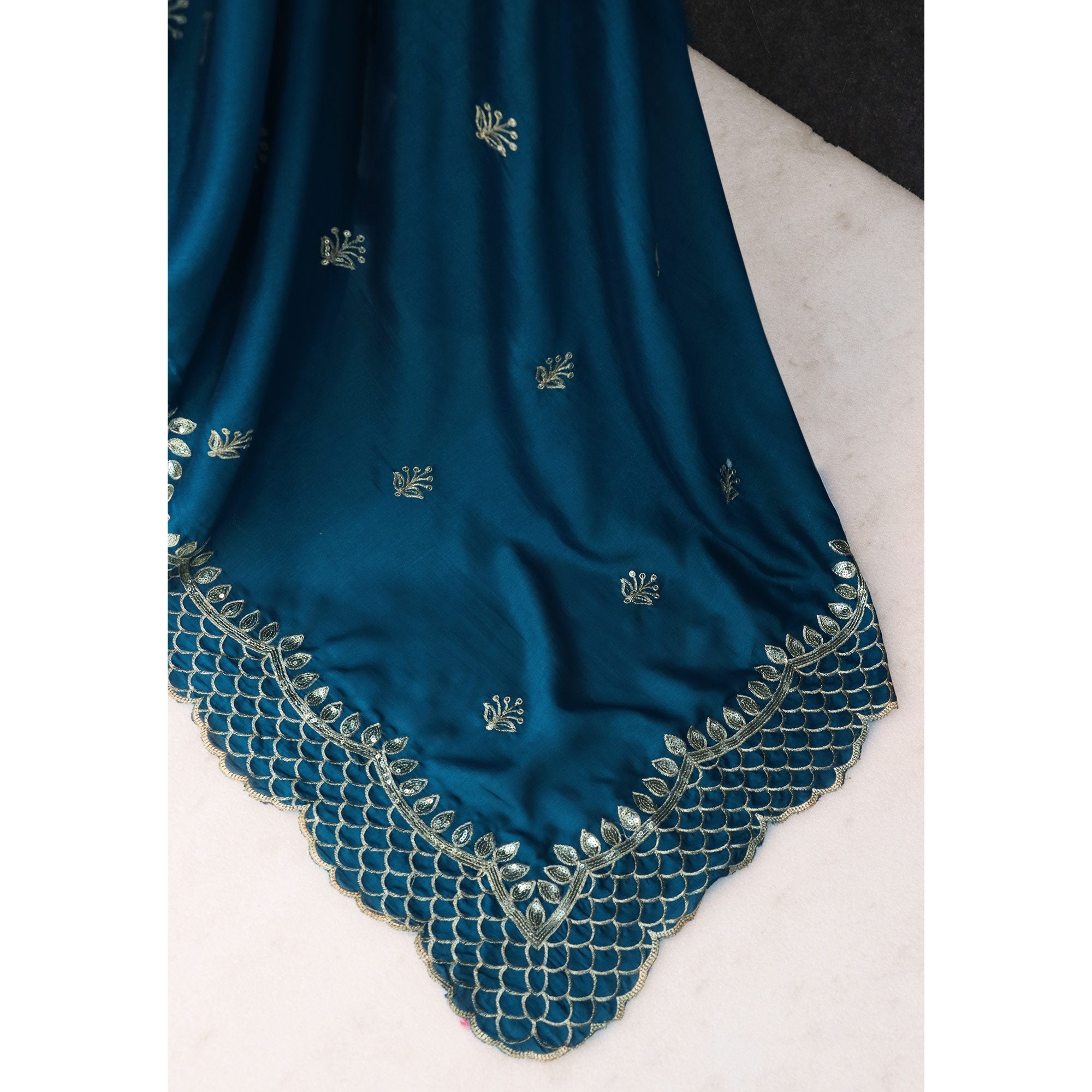 Teal Sequins Embroidered Vichitra Silk Saree