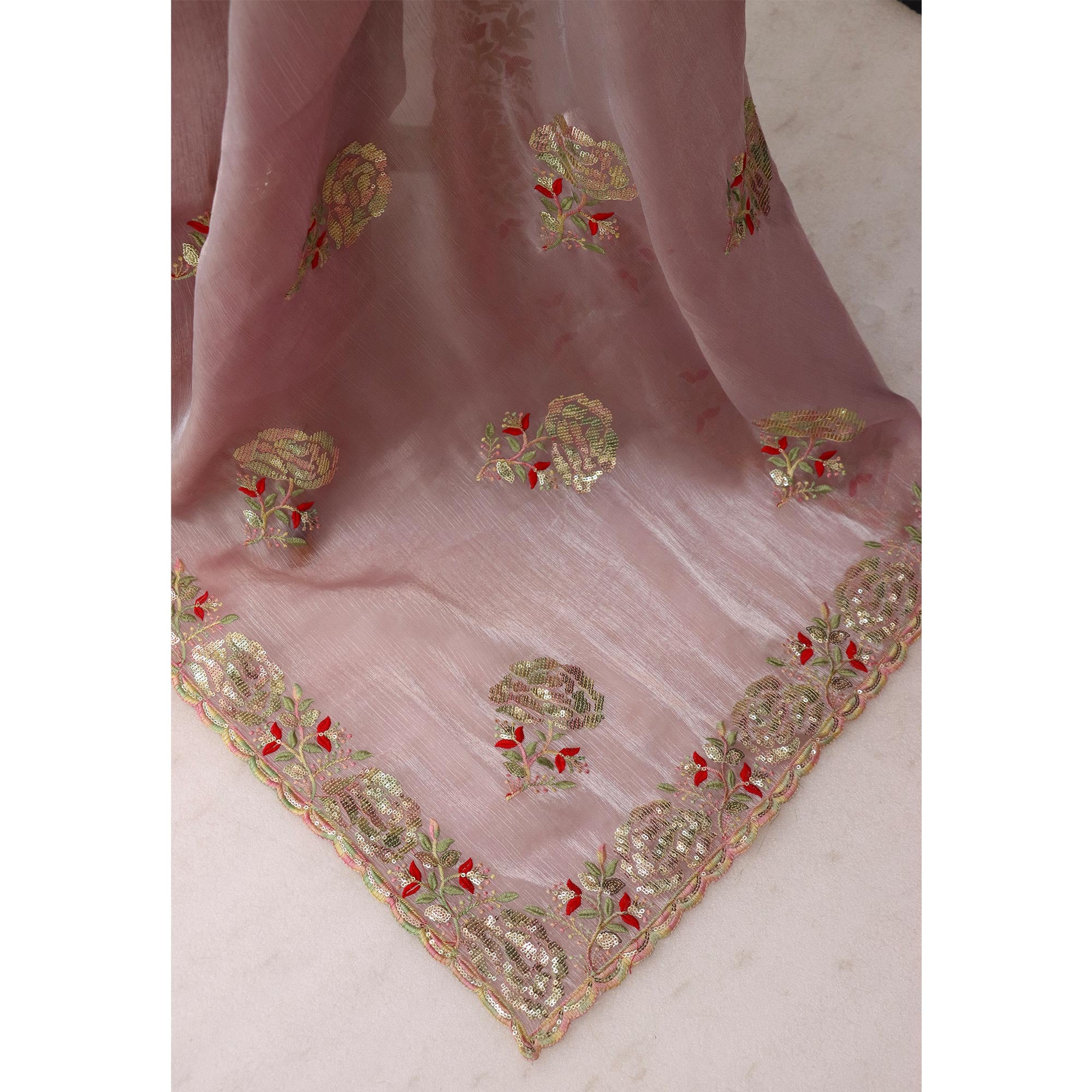 Light Pink Sequins Work Embroidered Chiffon Saree