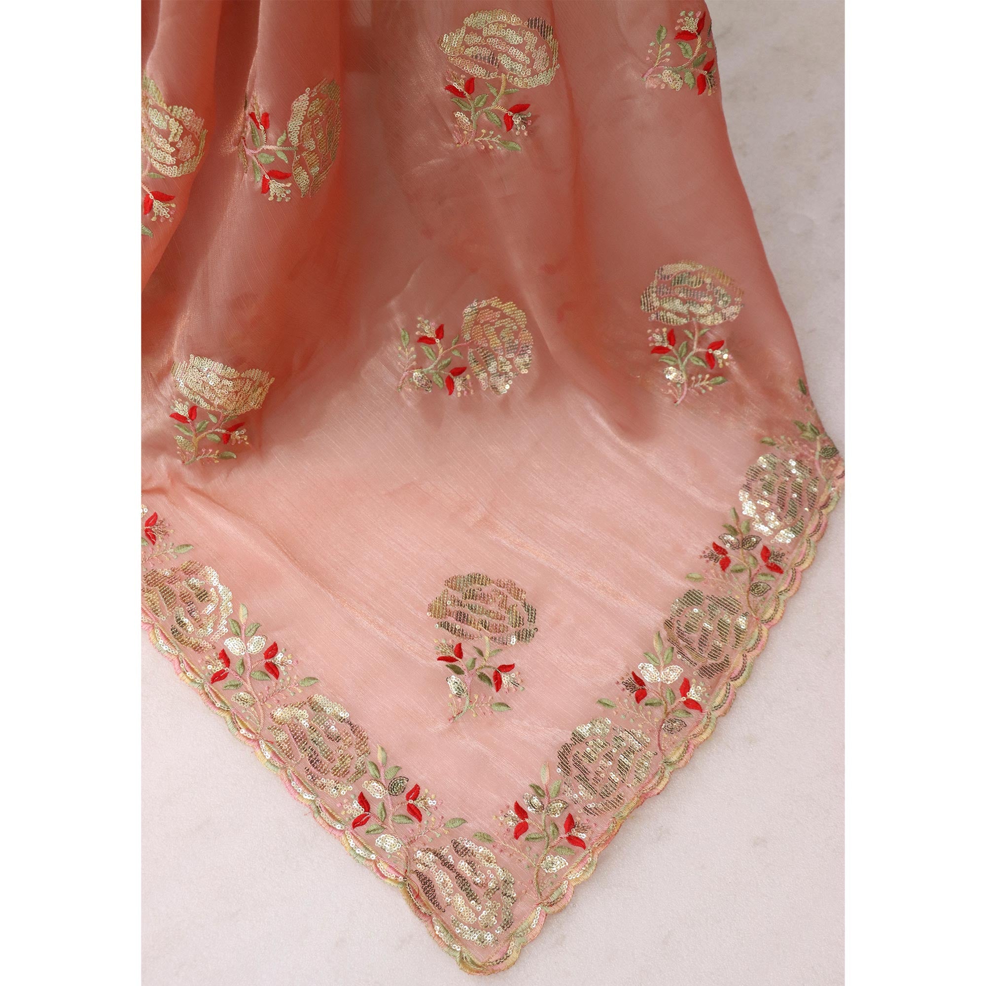 Peach Sequins Work Embroidered Chiffon Saree