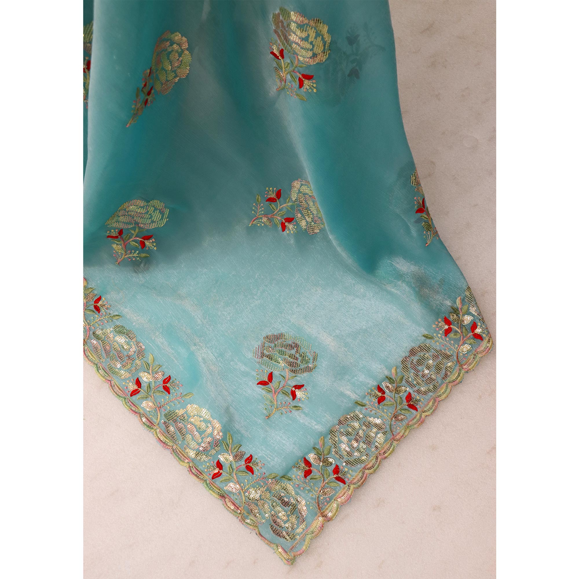 Sky Blue Sequins Work Embroidered Chiffon Saree