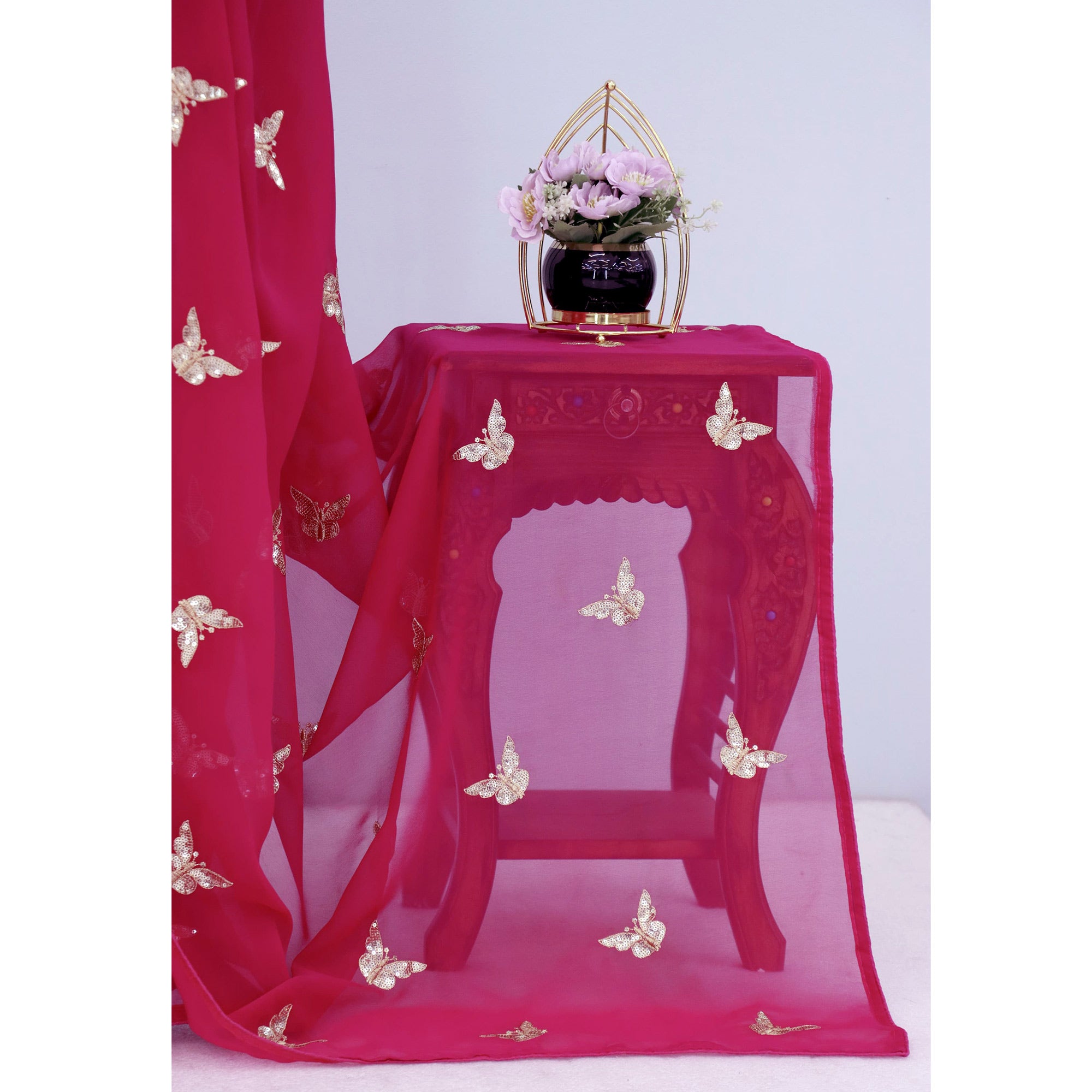 Pink Embroidered Georgette Saree With Shimmering Butterfly Sequin Work