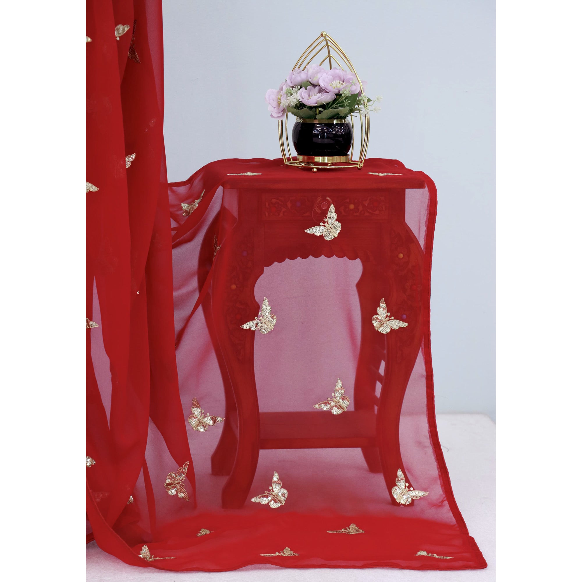 Red Embroidered Georgette Saree With Shimmering Butterfly Sequin Work