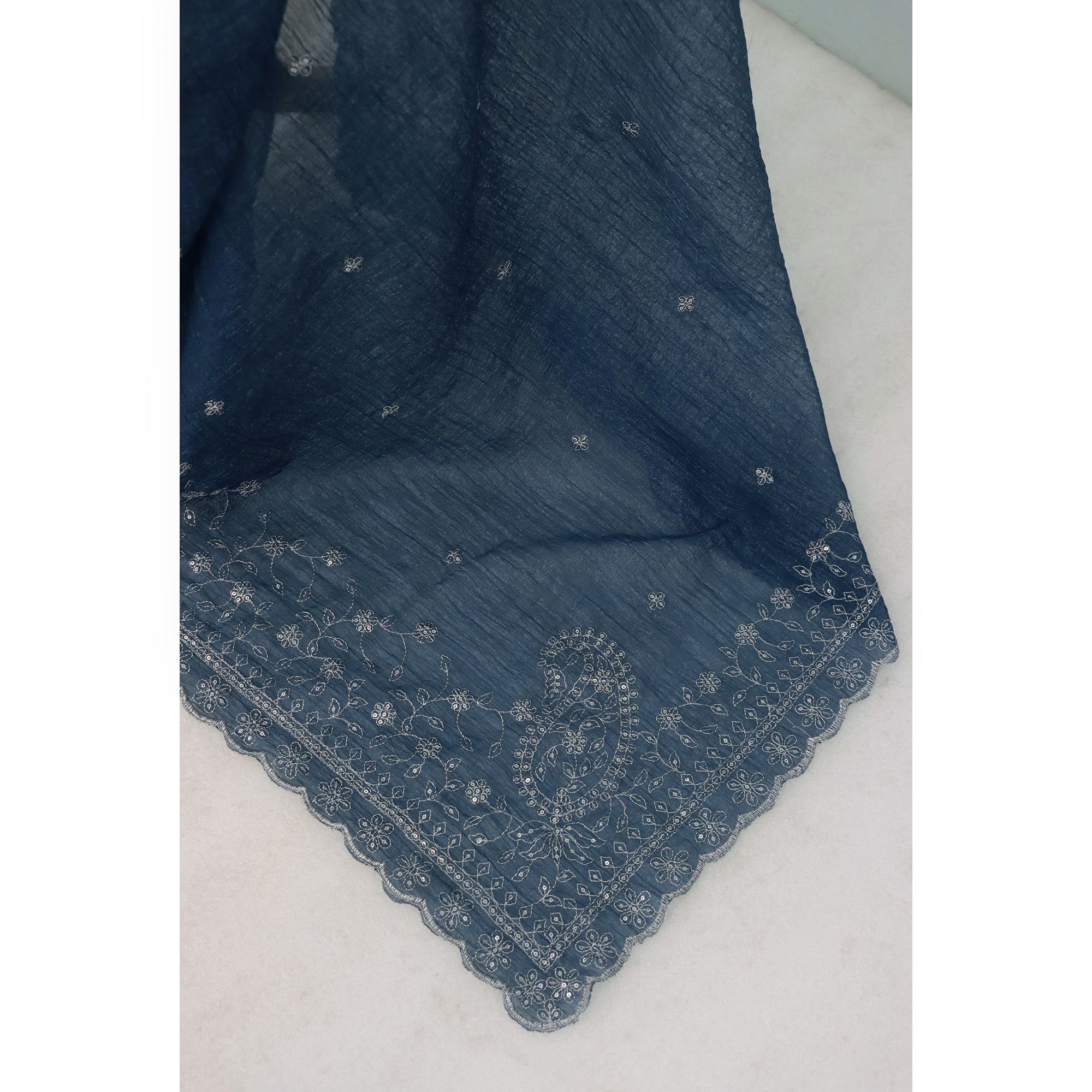 Dusty Blue Silk Blend Crush Saree Adorned With Floral Thread Embroidery & Sequins