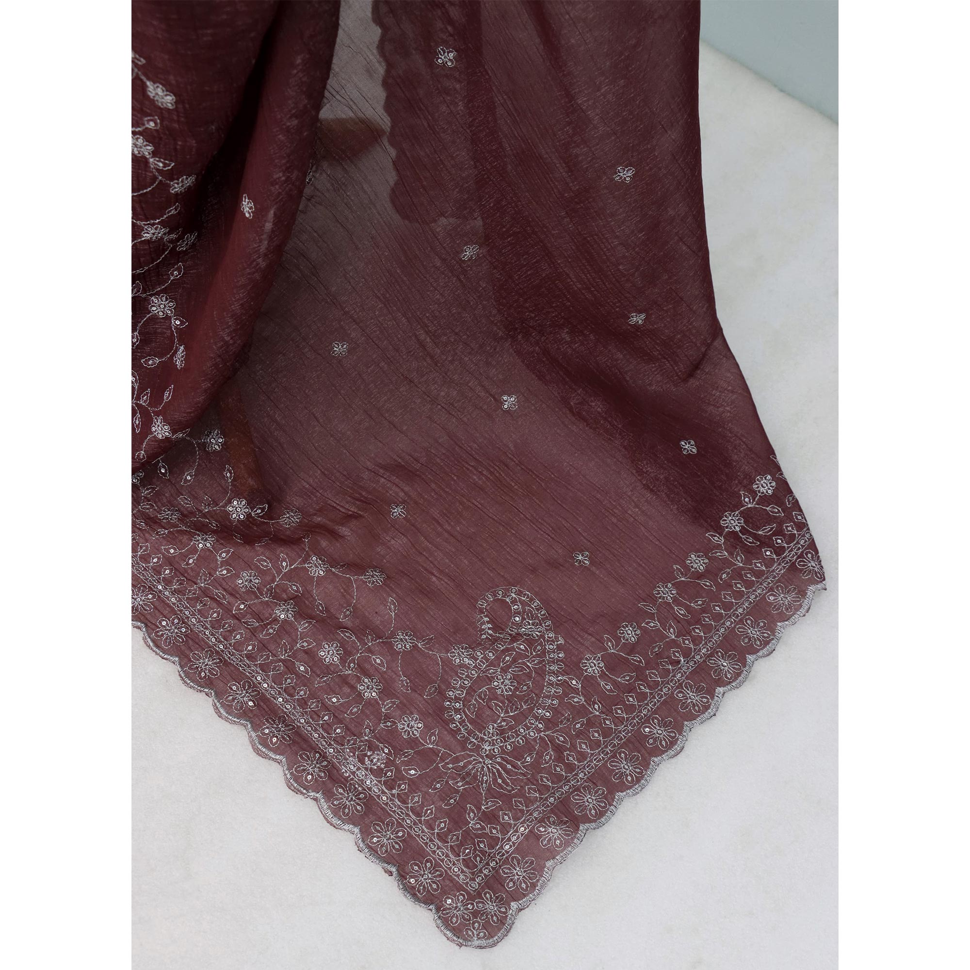 Dusty Maroon Silk Blend Crush Saree Adorned With Floral Thread Embroidery & Sequins