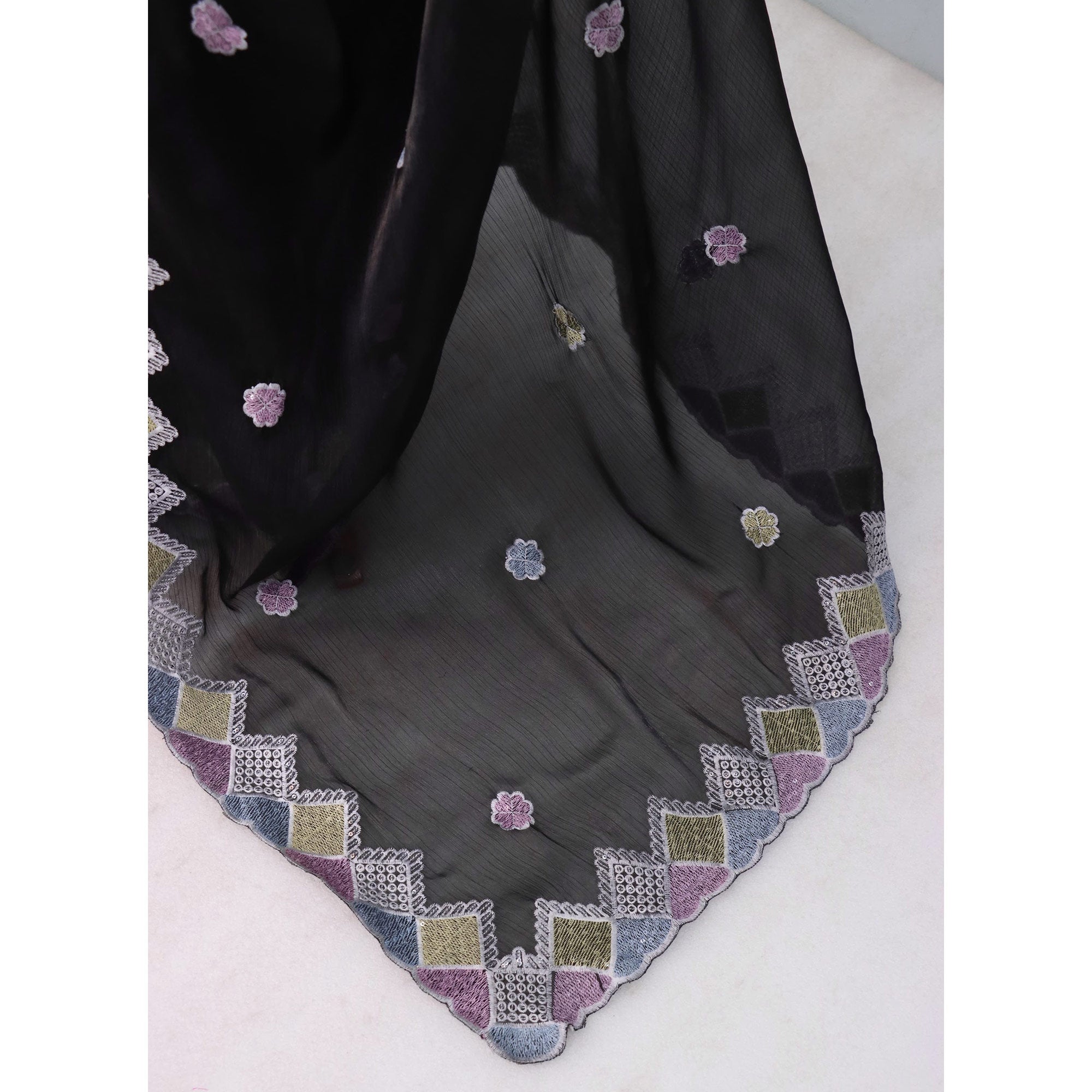 Elegant Black Chiffon Silk Saree Adorned With Delicate Floral Sequin Work