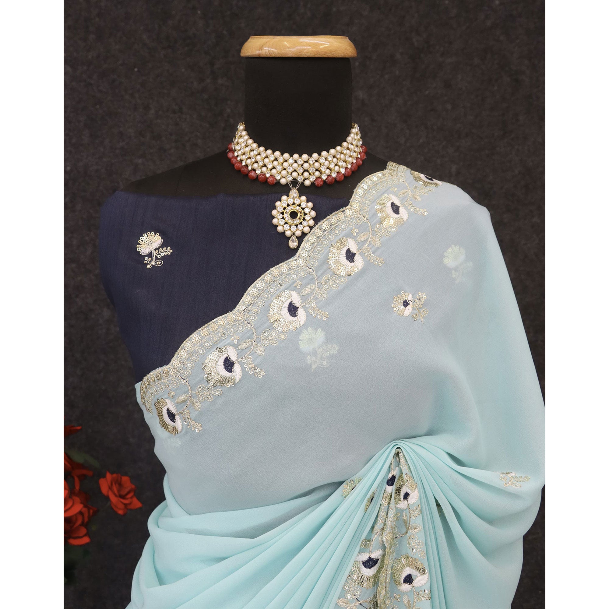 Blue Georgette Silk Saree With Floral Sequin Embroidery & Graceful Cutwork Detailing Border