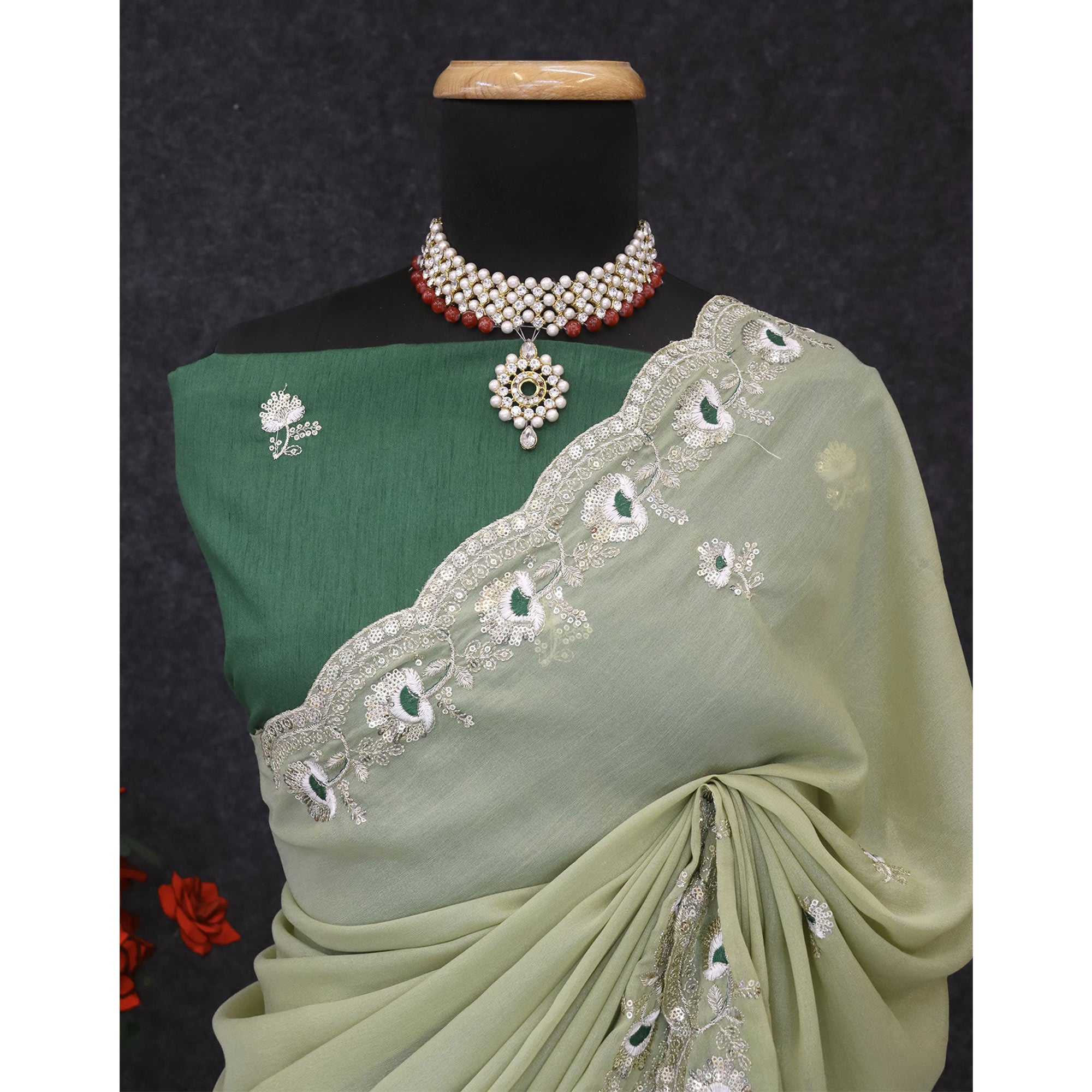 Green Georgette Silk Saree With Floral Sequin Embroidery & Graceful Cutwork Detailing Border