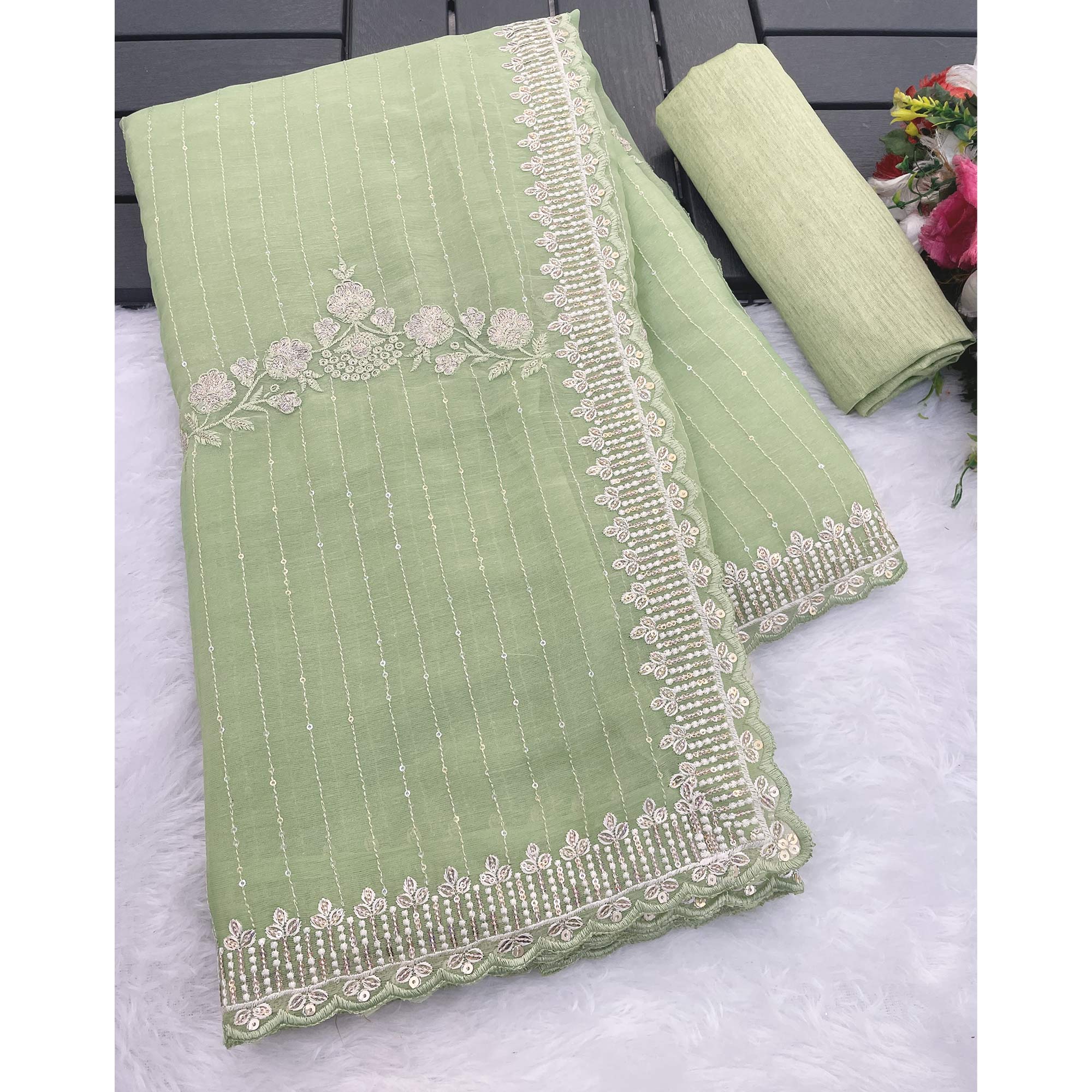 Green Shimmer Chiffon Saree with Floral Sequin Embroidery & Fine Cutwork Detailing