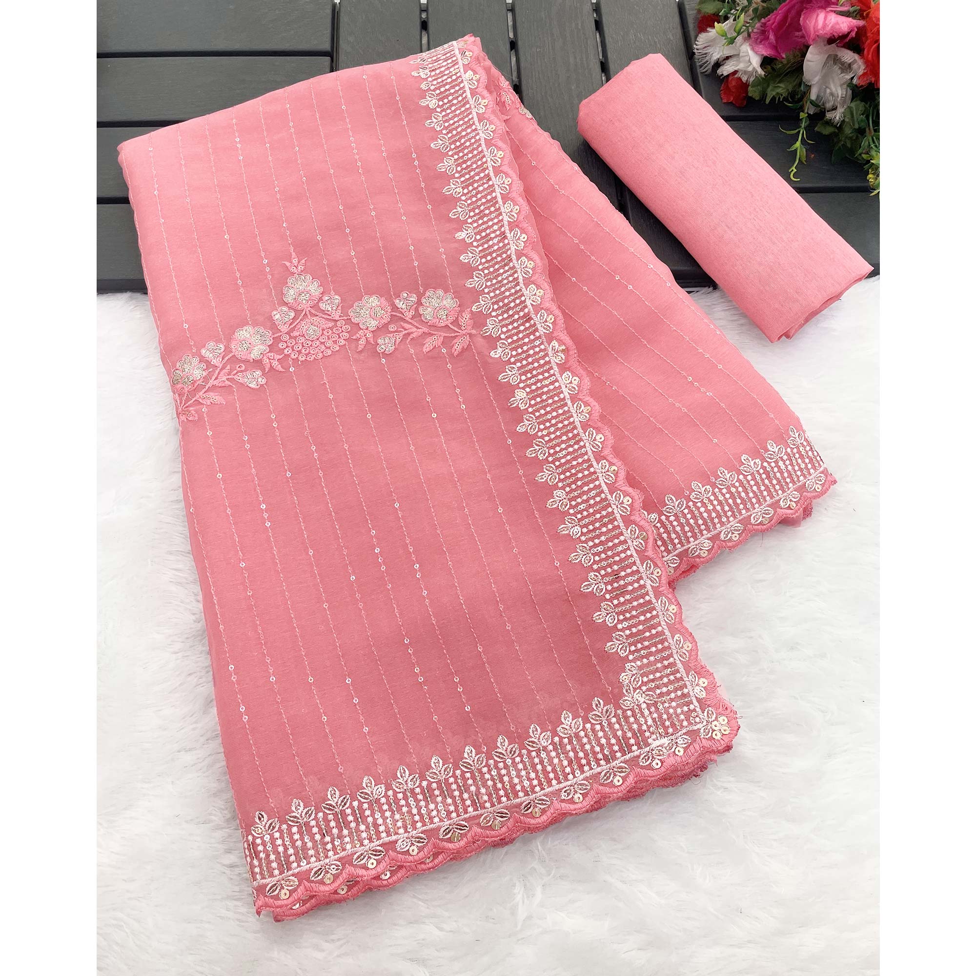 Rose Pink Shimmer Chiffon Saree with Pastel Floral Sequin Embroidery & Delicate Cutwork Border
