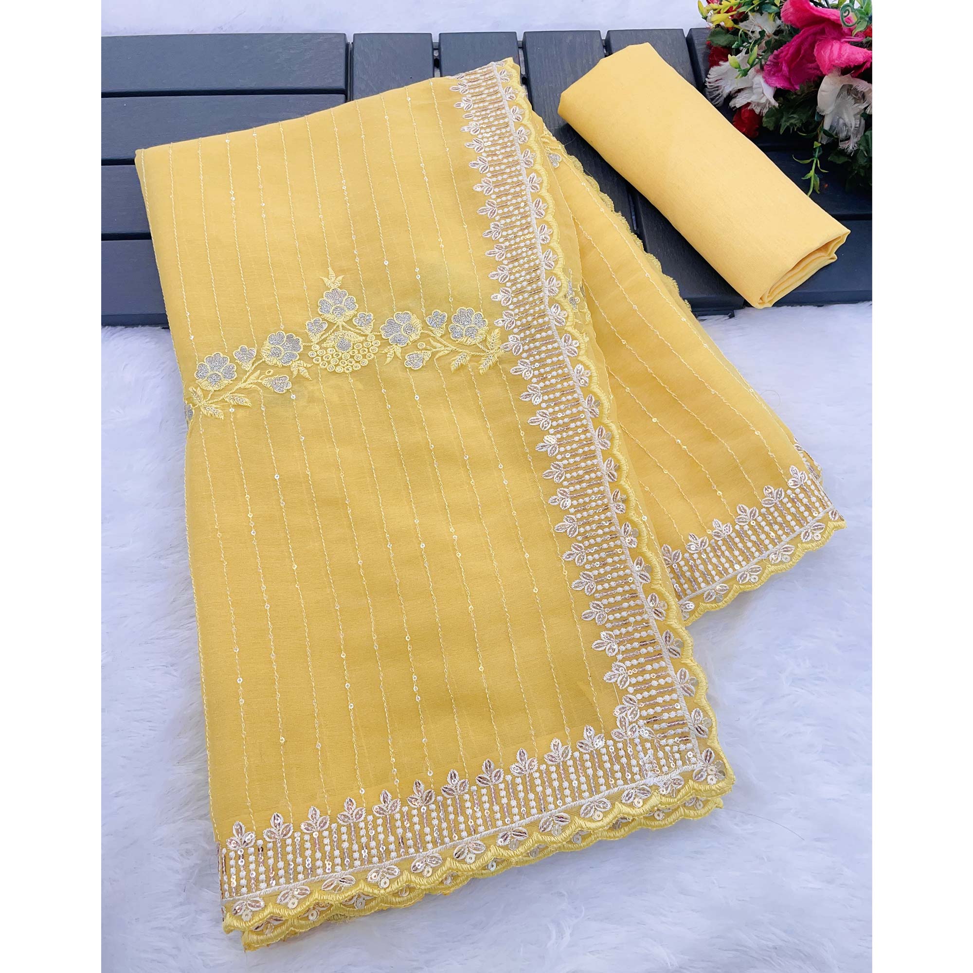 Yellow Shimmer Chiffon Saree with Floral Sequin Embroidery & Intricate Cutwork Border