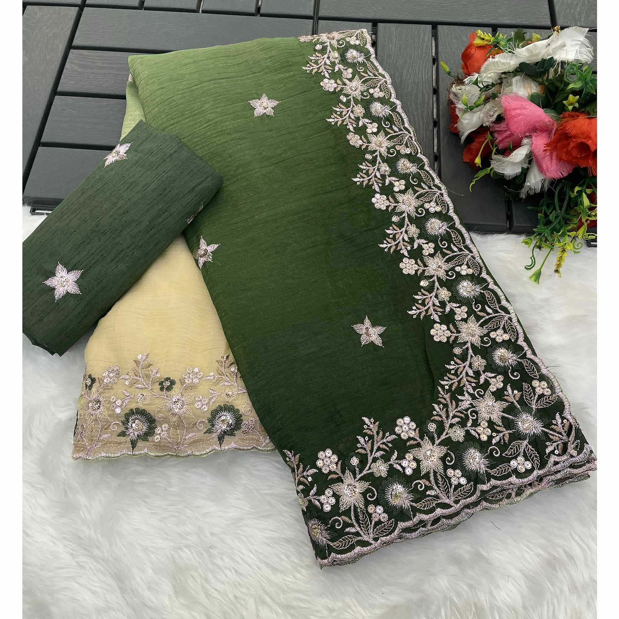 Green Crunchy Crush Saree Featuring Floral Thread Embroidery & Sequins Embellishment