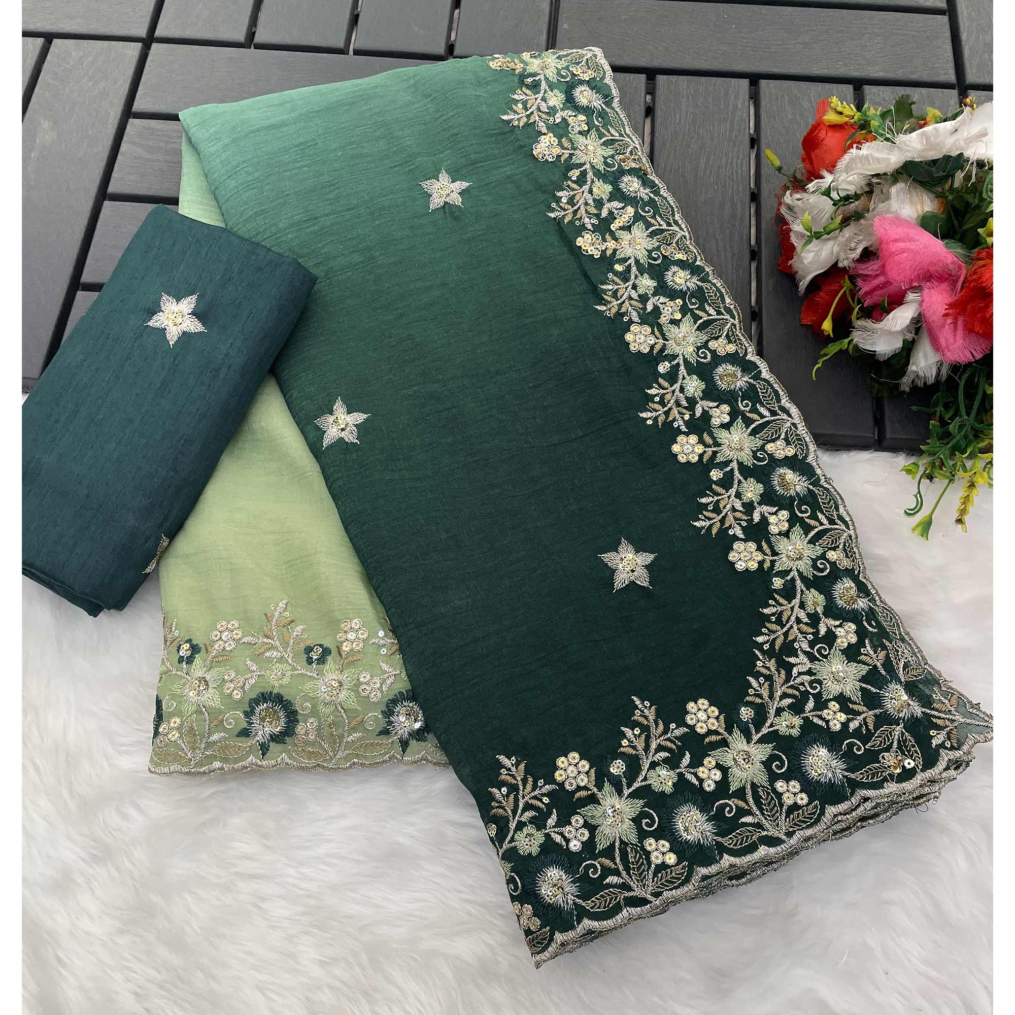 Teal Crunchy Crush Saree Featuring Floral Thread Embroidery & Sequins Embellishment