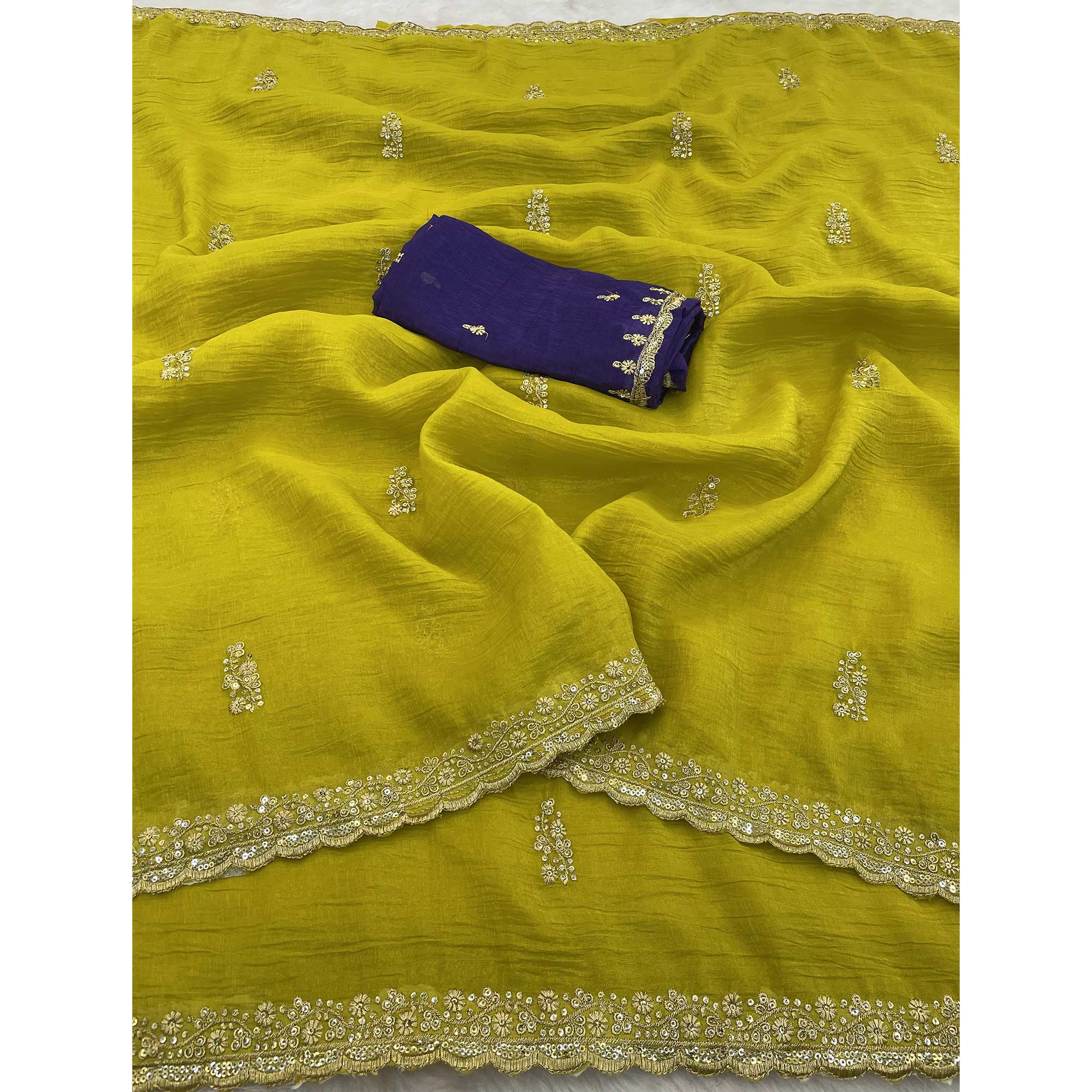 Enchanting Green Crunchy Crush Saree With Delicate Floral Thread Embroidery & Sparkling Sequins Accents