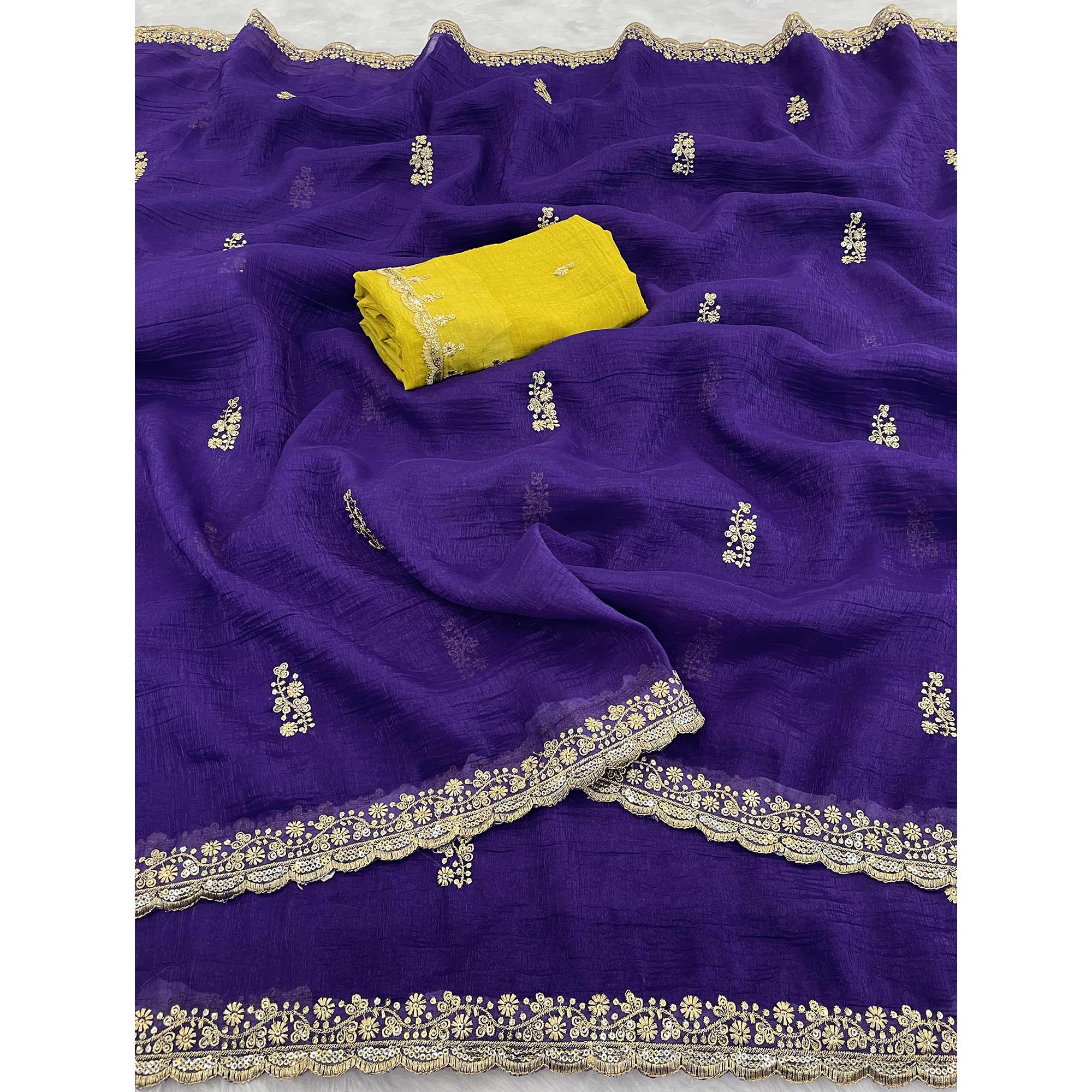 Royal Purple Crunchy Crush Saree Adorned With Floral Thread Embroidery & Gleaming Sequins Detailing