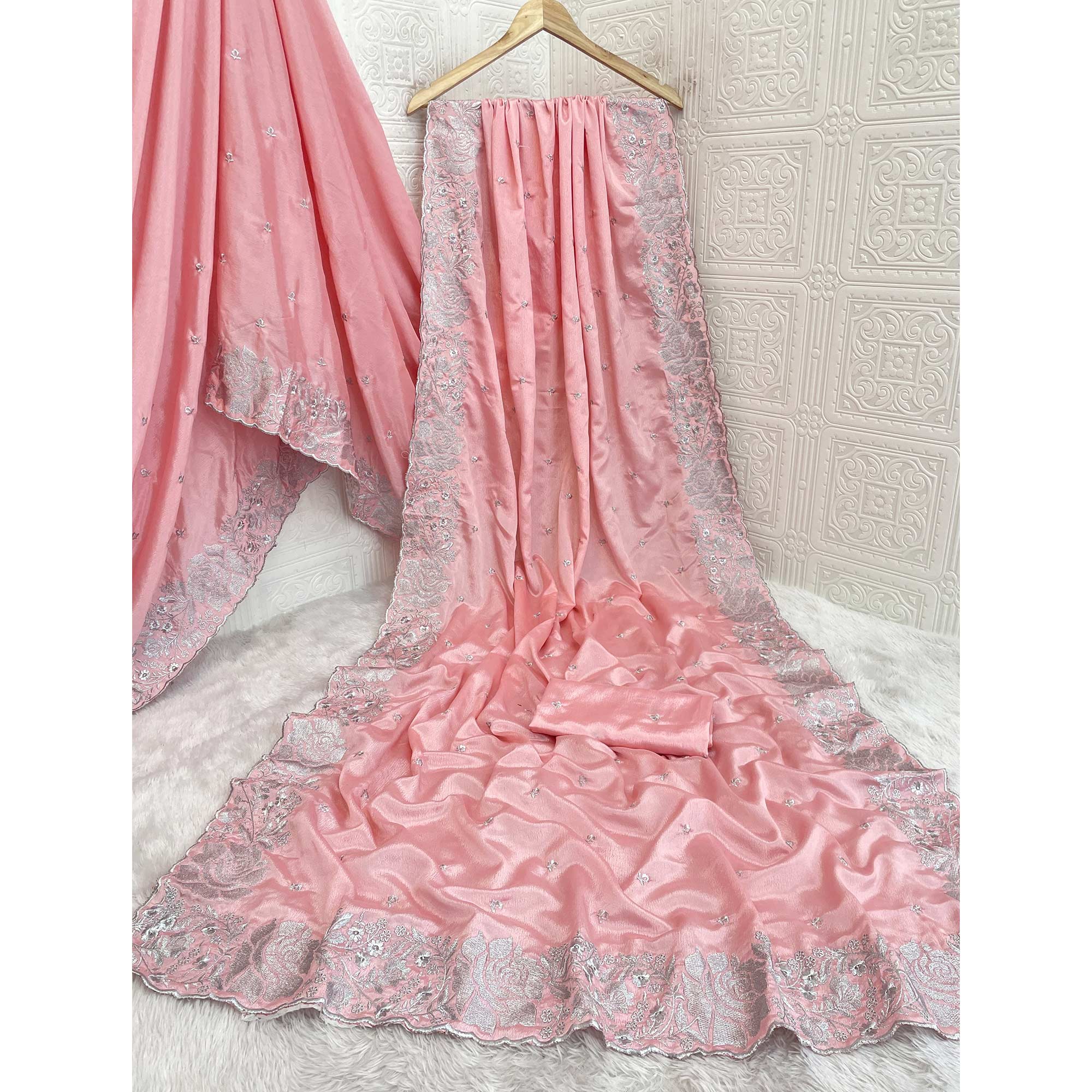 Graceful Baby Pink Chinon Chiffon Saree With Intricate Floral Zari Embroidery