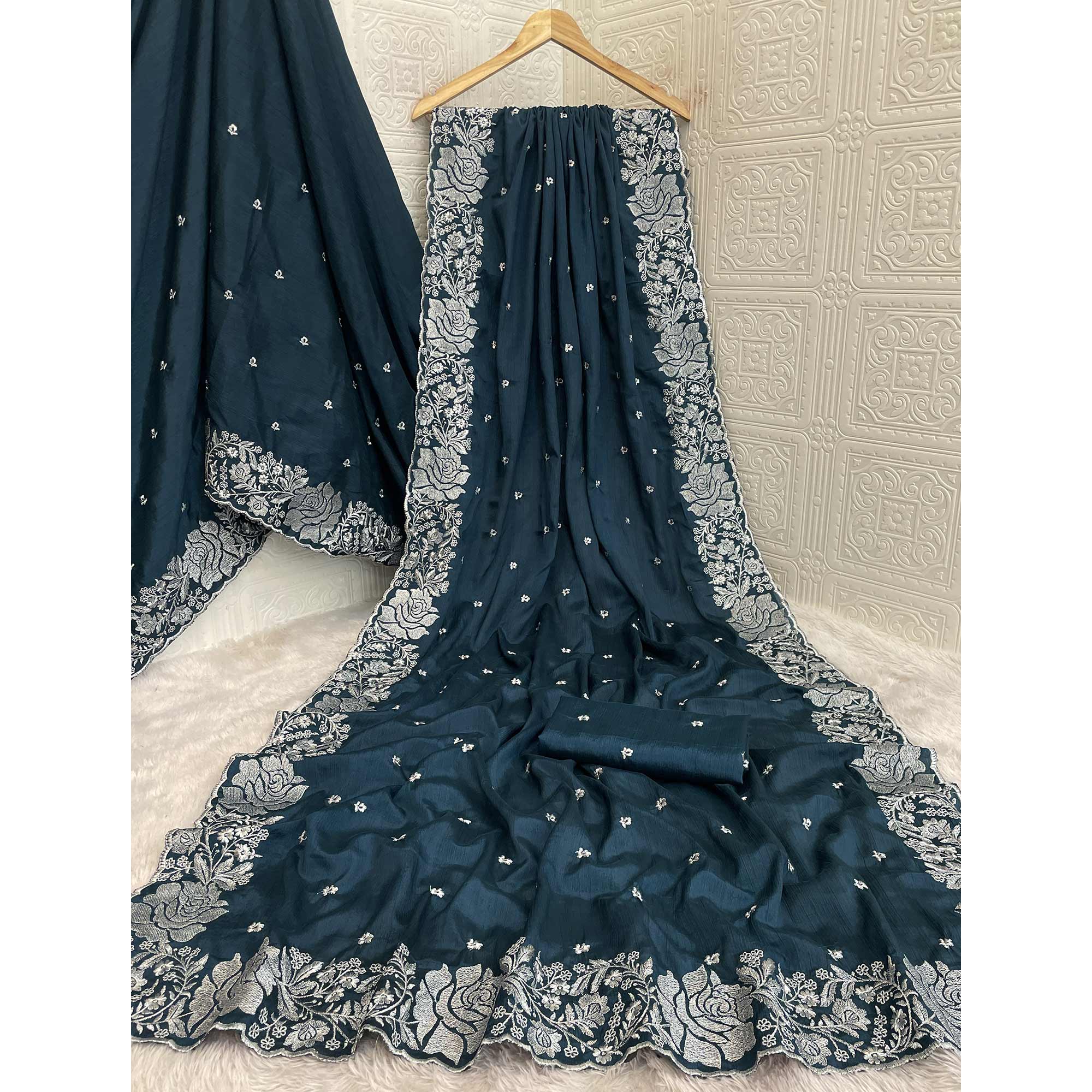 Dark Teal Blue Chinon Chiffon Saree With Graceful Floral Zari Embroidery