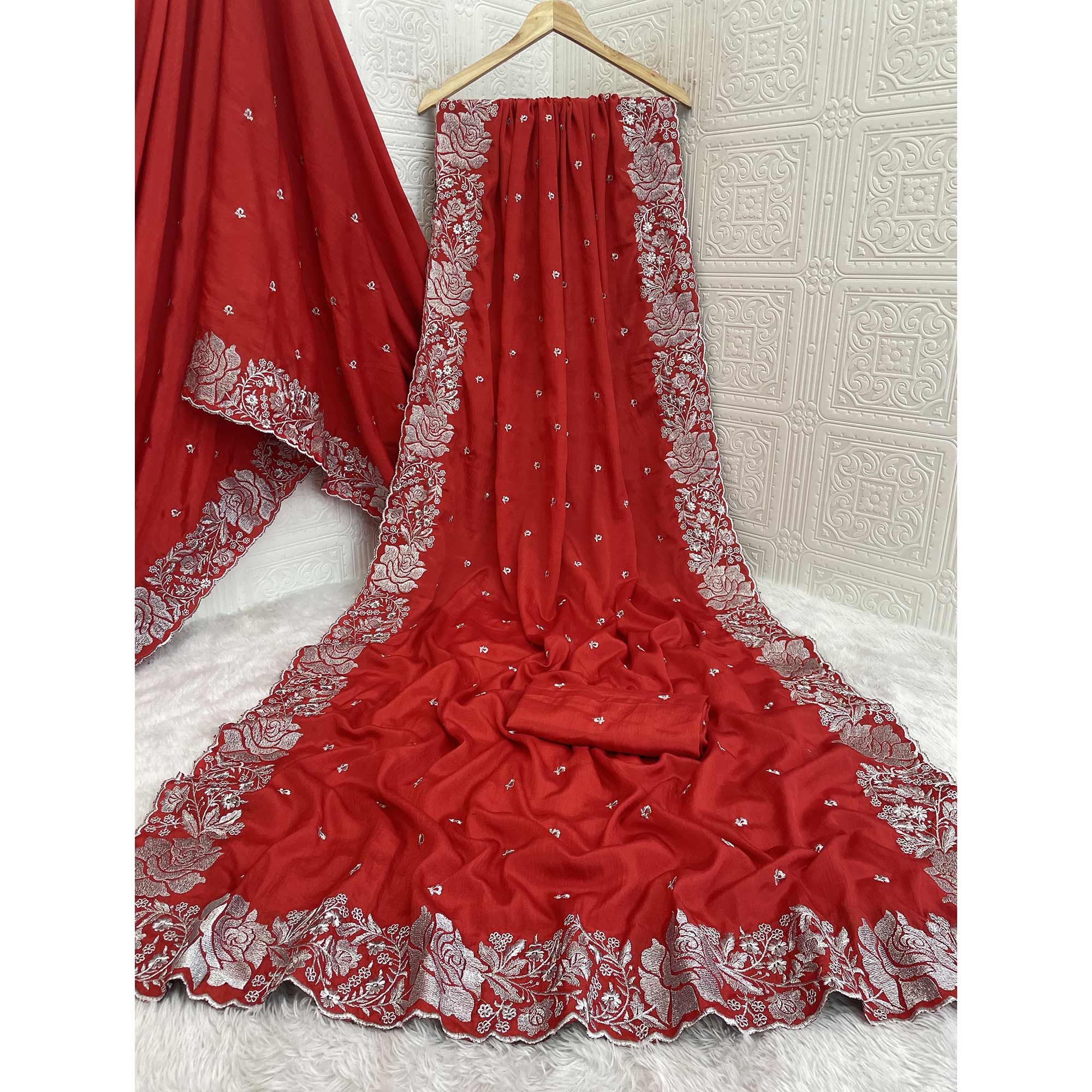 Elegant Red Chinon Chiffon Saree Embellished with Timeless Floral Zari Embroidery