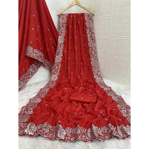 Elegant Red Chinon Chiffon Saree Embellished with Timeless Floral Zari Embroidery