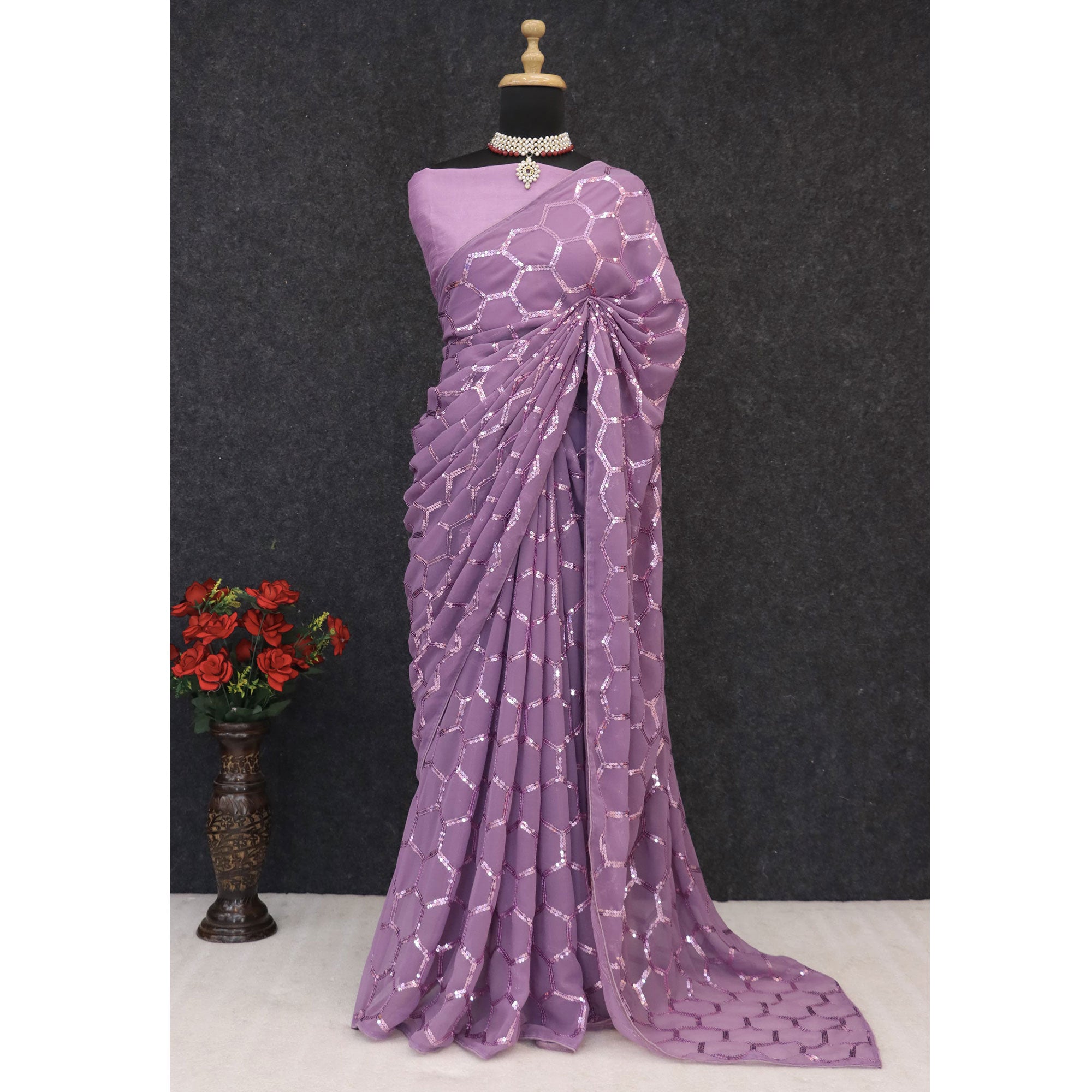 Lilac Purple Georgette Silk Saree Embellished With Sparkling Sequins Embroidery & Piping Border