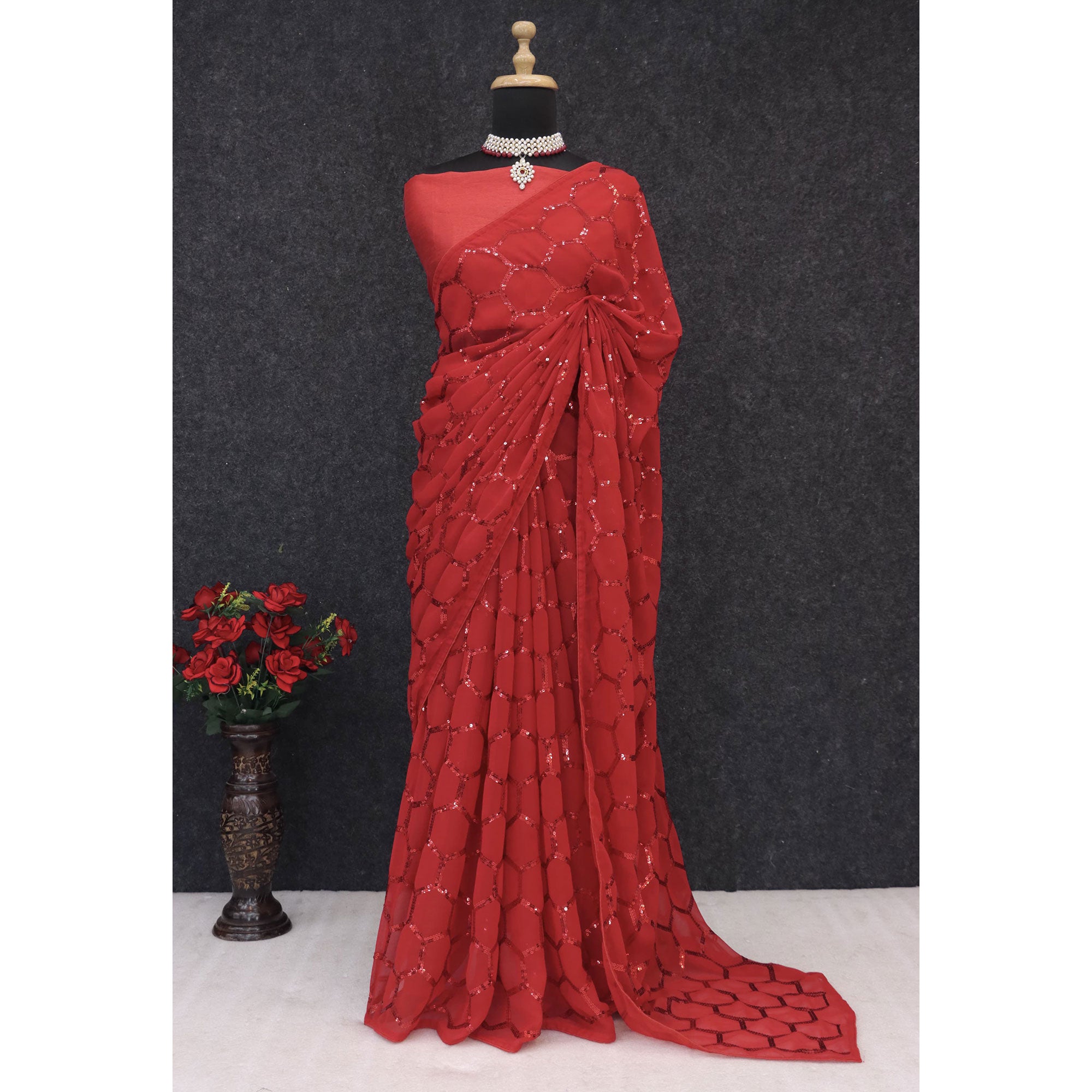 Red Georgette Silk Saree Embellished With Sparkling Sequins Embroidery & Piping Border