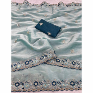 Blue Jimmy Choo Chiffon Saree Adorned With Floral Embroidery & Delicate Sequins Work