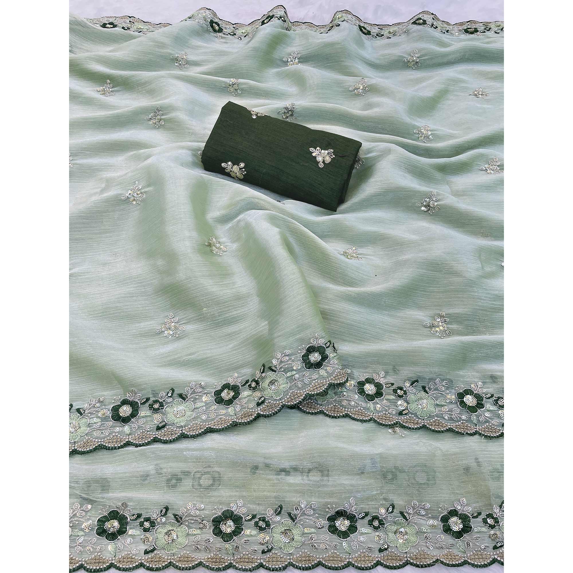 Green Jimmy Choo Chiffon Saree Adorned With Floral Embroidery & Delicate Sequins Work