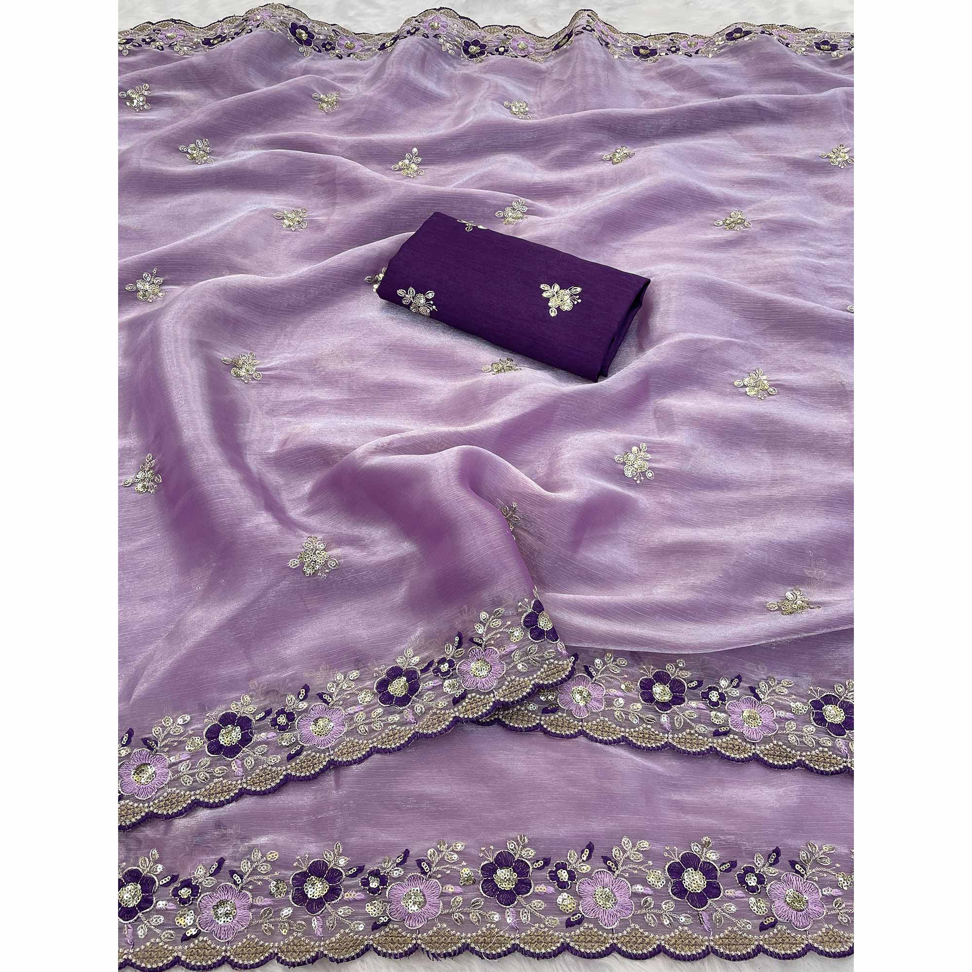 Lavender Jimmy Choo Chiffon Saree Adorned With Floral Embroidery & Delicate Sequins Work