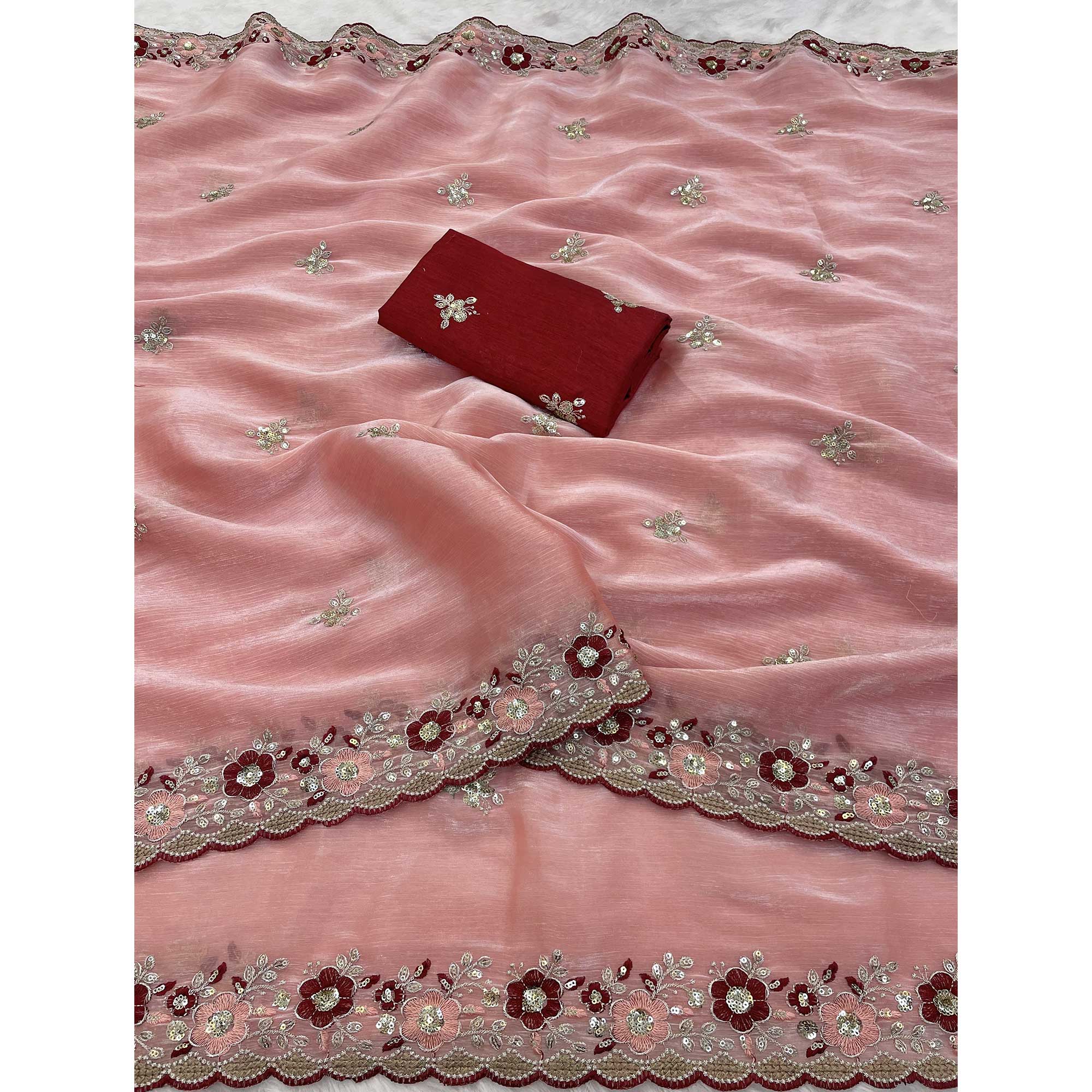 Peach Jimmy Choo Chiffon Saree Adorned With Floral Embroidery & Delicate Sequins Work