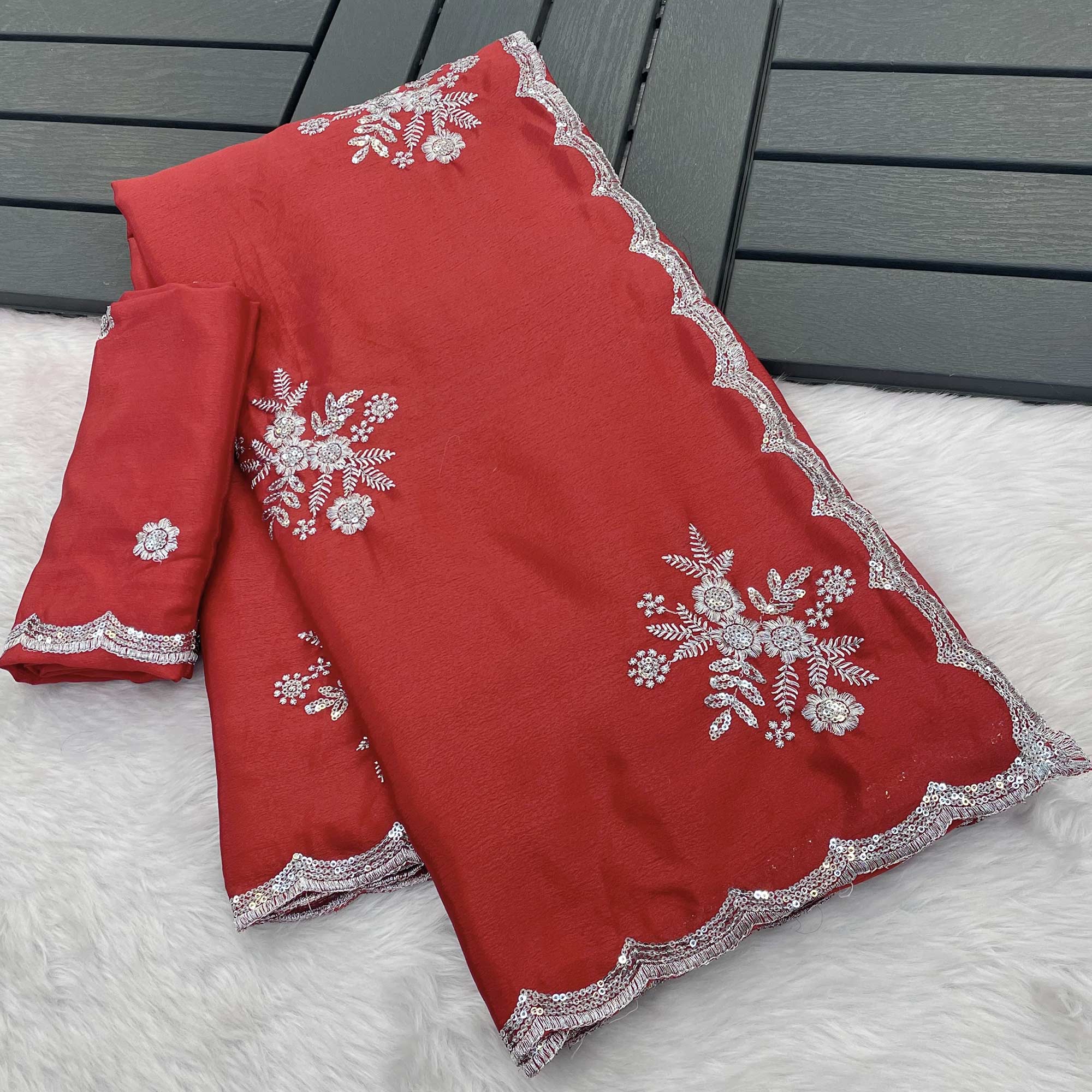 Red Chinon Saree Adorned With Zari Floral Embroidery & Gleaming Sequins Work