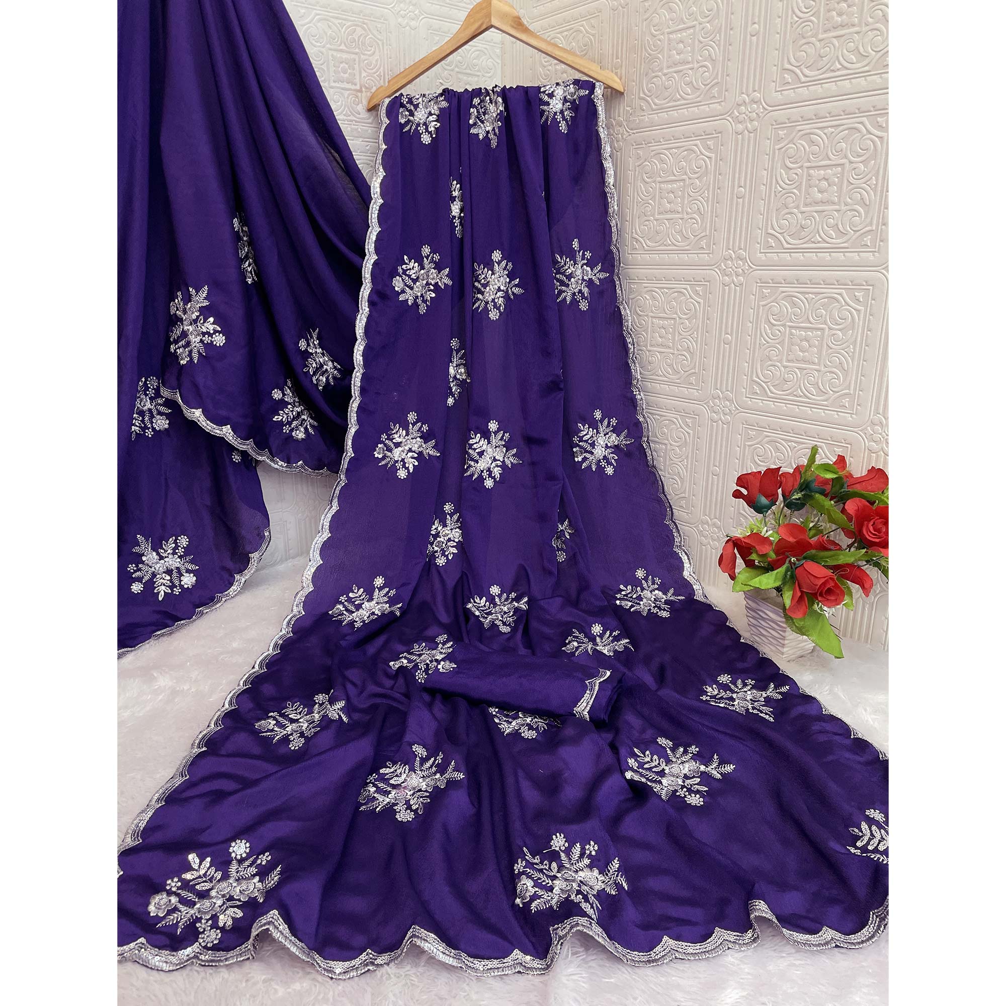 Royal Purple Chinon Saree Adorned With Zari Floral Embroidery & Gleaming Sequins Work