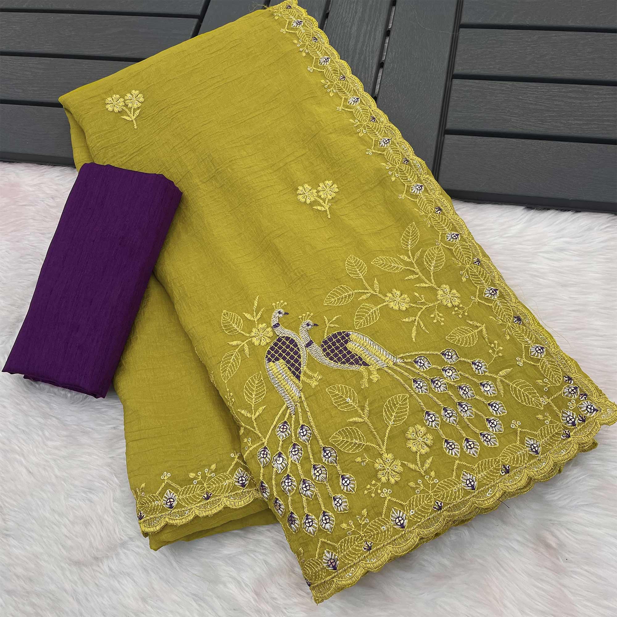 Graceful Green Crunchy Crush Saree With Delicate Floral Thread Embroidery & Sequin Work