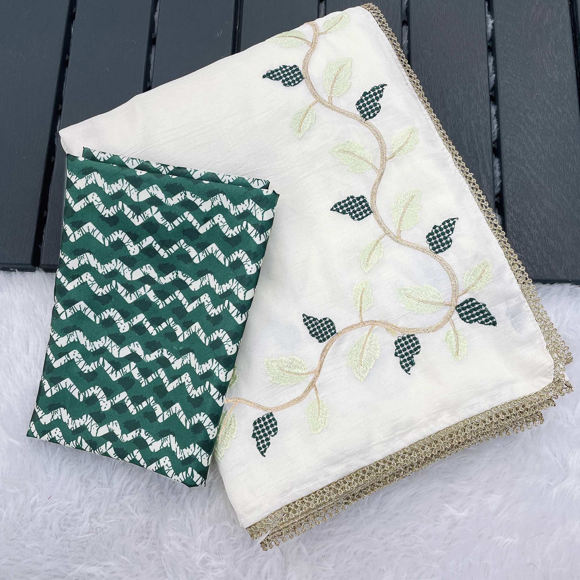 Elegant Offwhite & Green Pure Silk Saree With Intricate Thread Embroidery And Delicate Lace Border