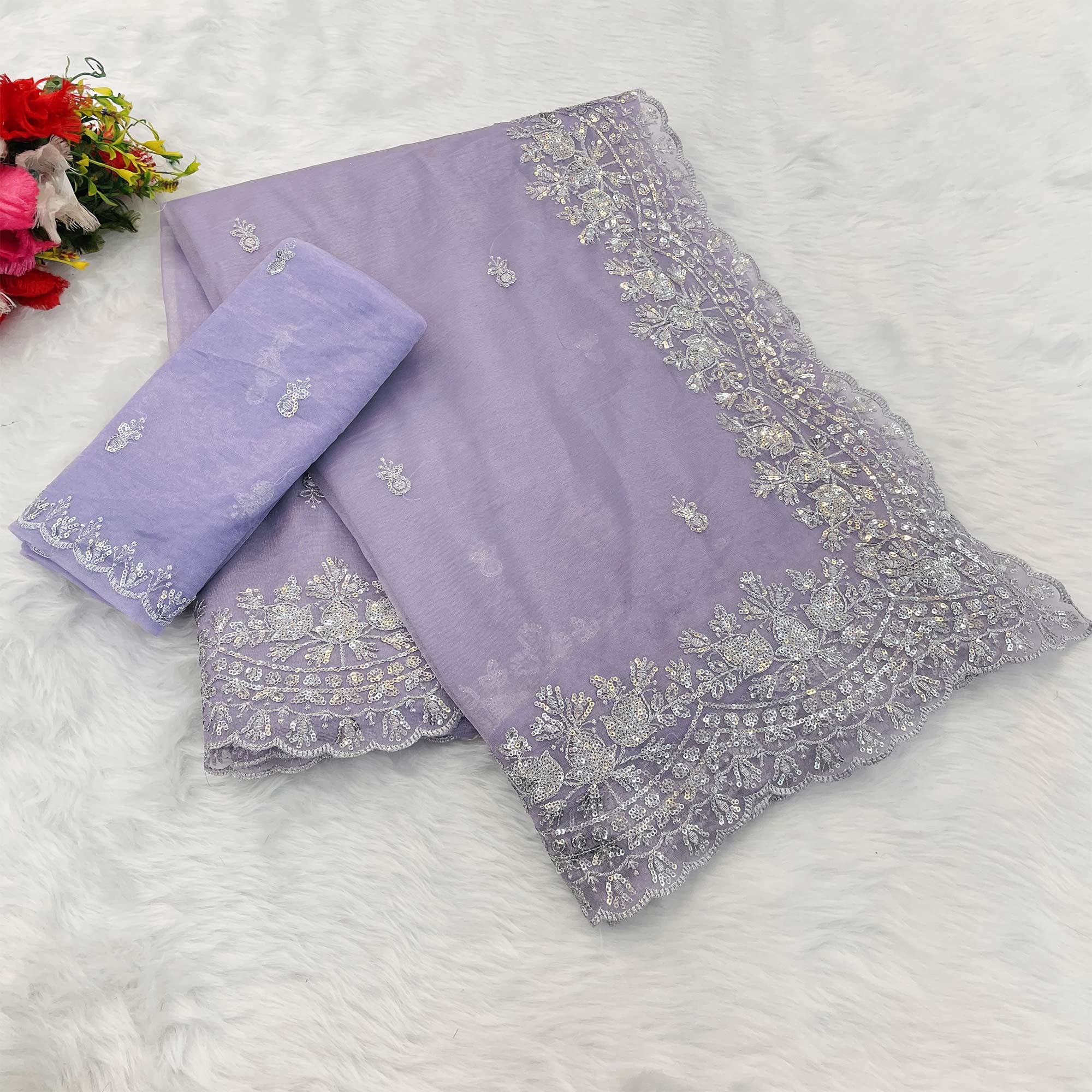 Lavender Sequins Embroidered Twill Net Designer Embellished Saree