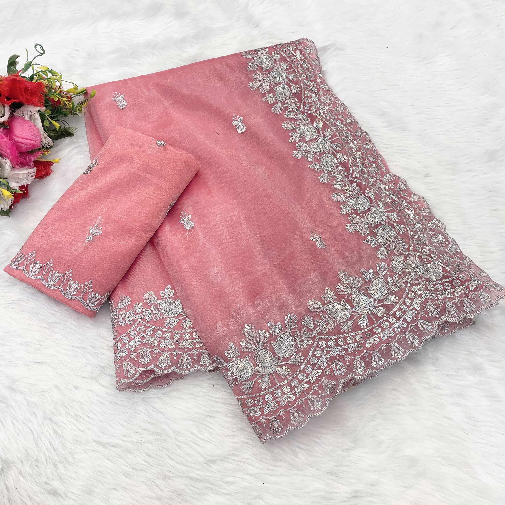 Peach Sequins Embroidered Twill Net Designer Embellished Saree