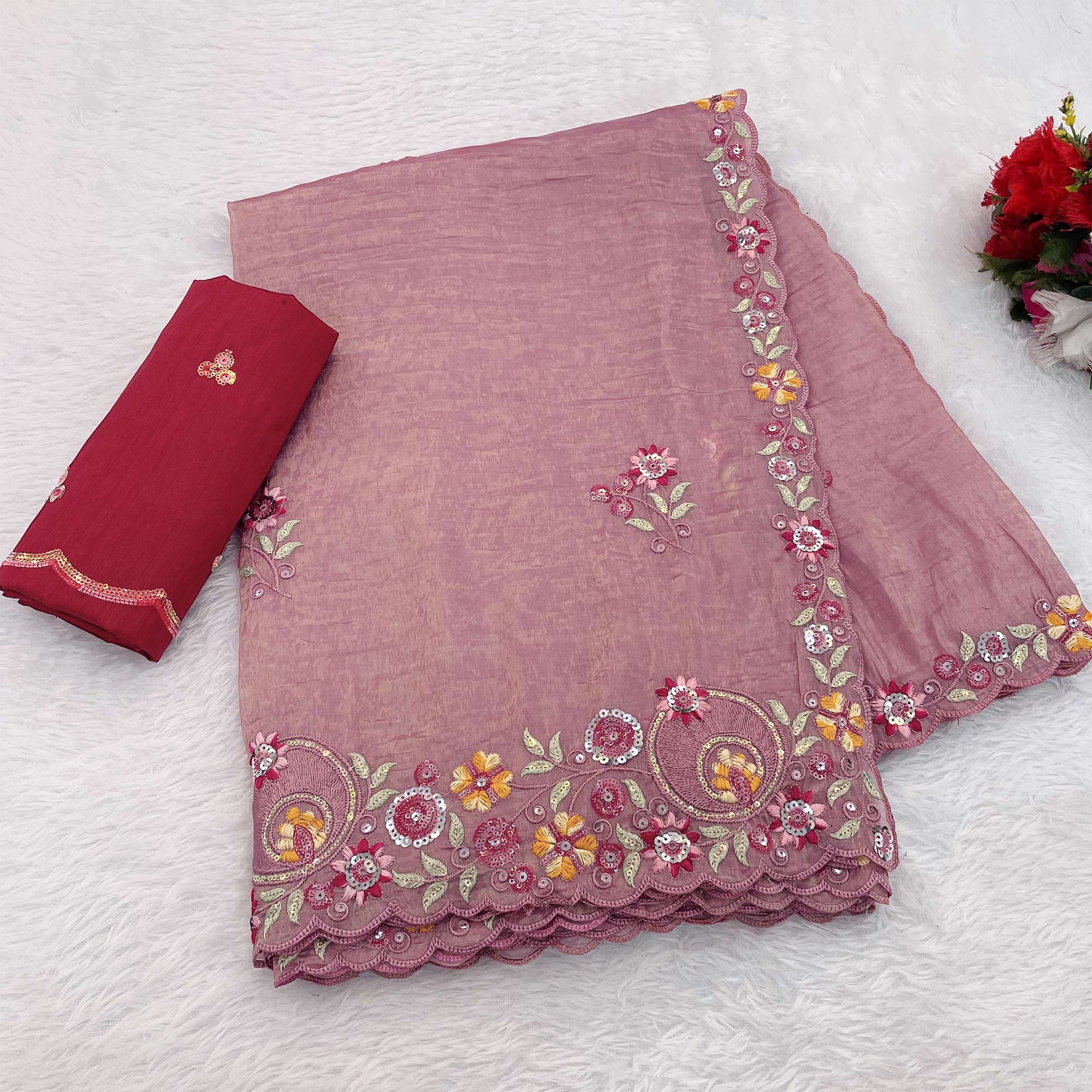 Pink Elegance Cotton Silk Saree with Floral Sequins Embroidery