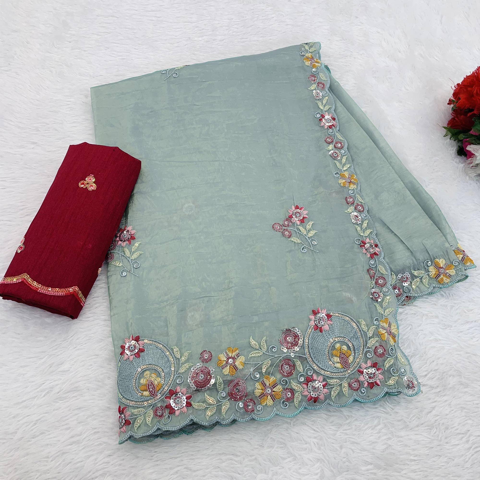Turquoise Elegance Cotton Silk Saree with Floral Sequins Embroidery