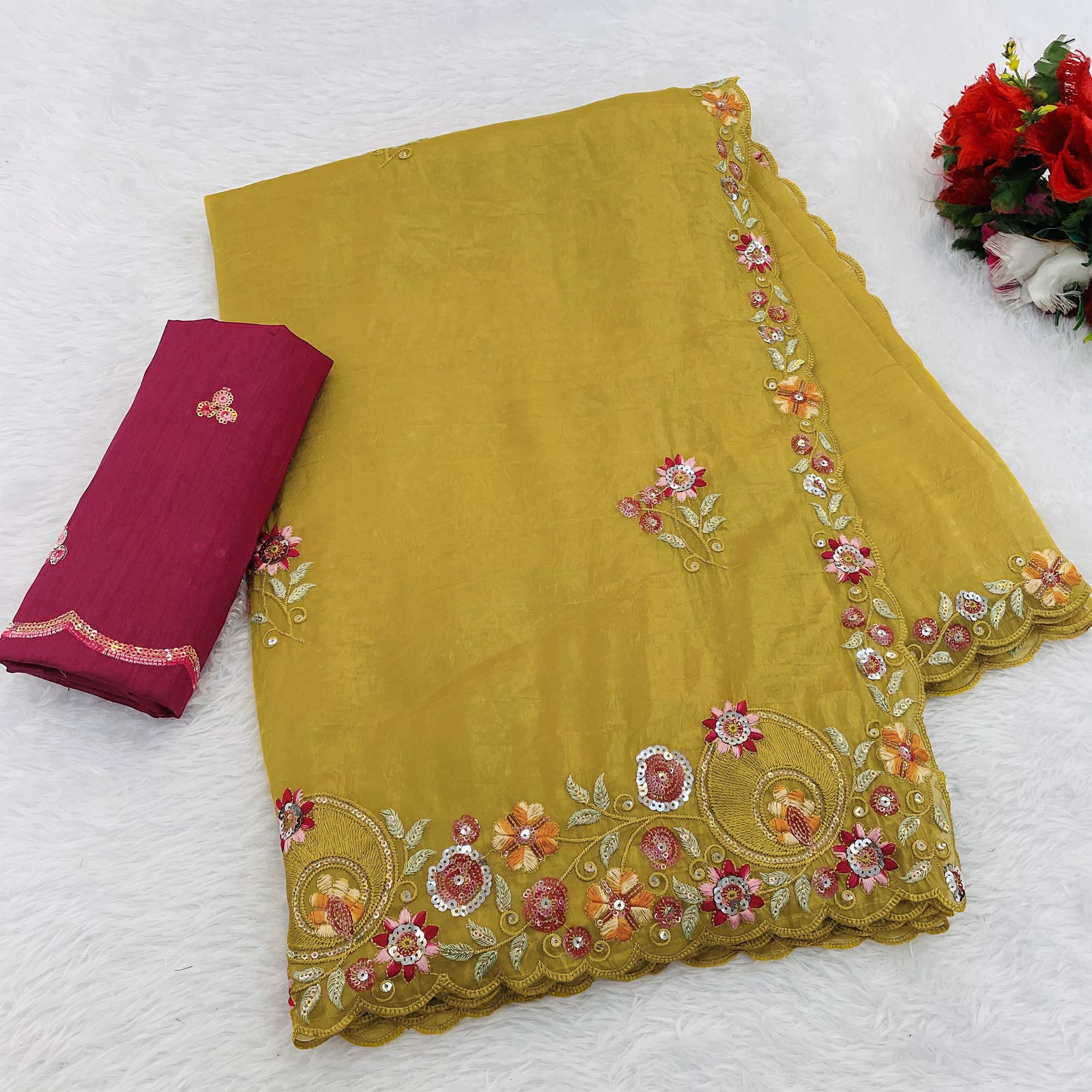 Yellow Elegance Cotton Silk Saree with Floral Sequins Embroidery