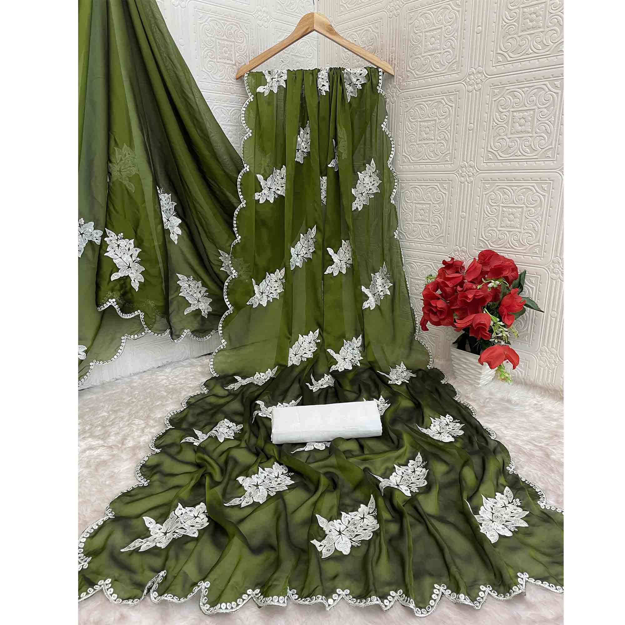 Mehendi Green Silk Blend Saree with Embroidered Floral Design in Sequins & Thread