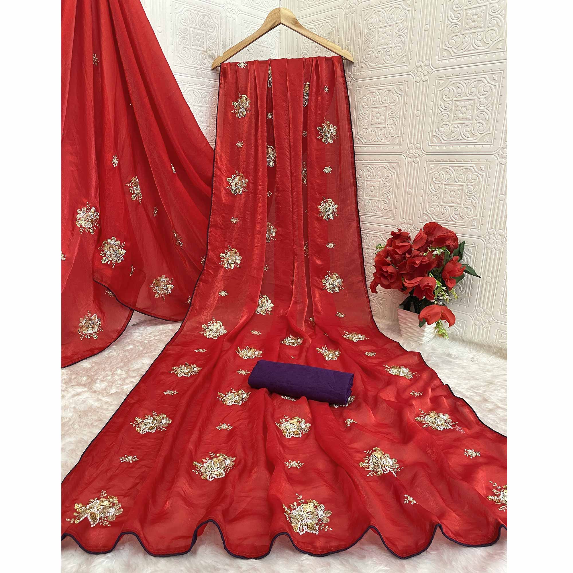 Party Wear Red Satin Silk Saree with Intricate Bead and Sequin Detailing