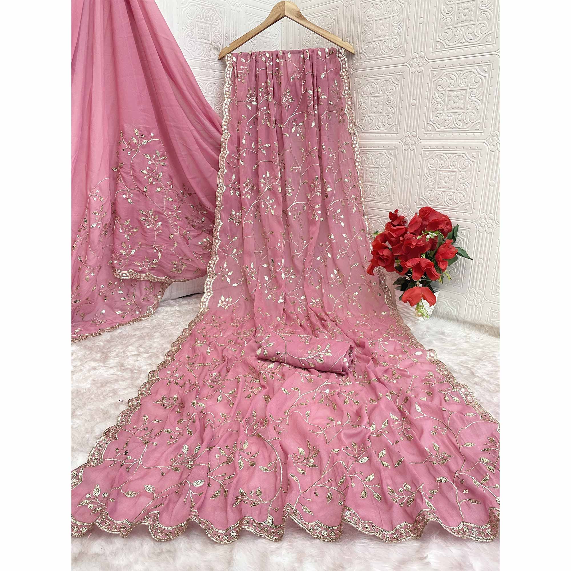 Designer Pink Georgette Saree Featuring Intricate Sequins & Embroidery Work