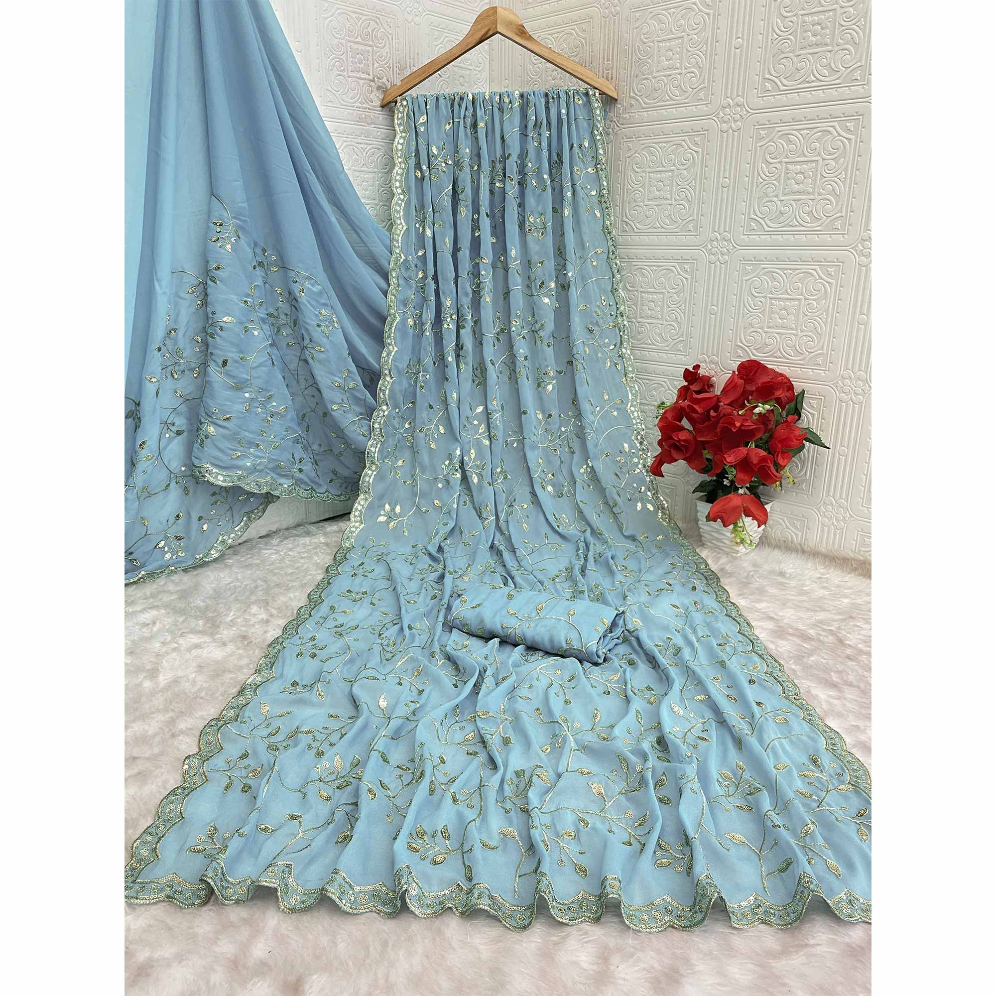 Designer Turquoise Georgette Saree Featuring Intricate Sequins & Embroidery Work