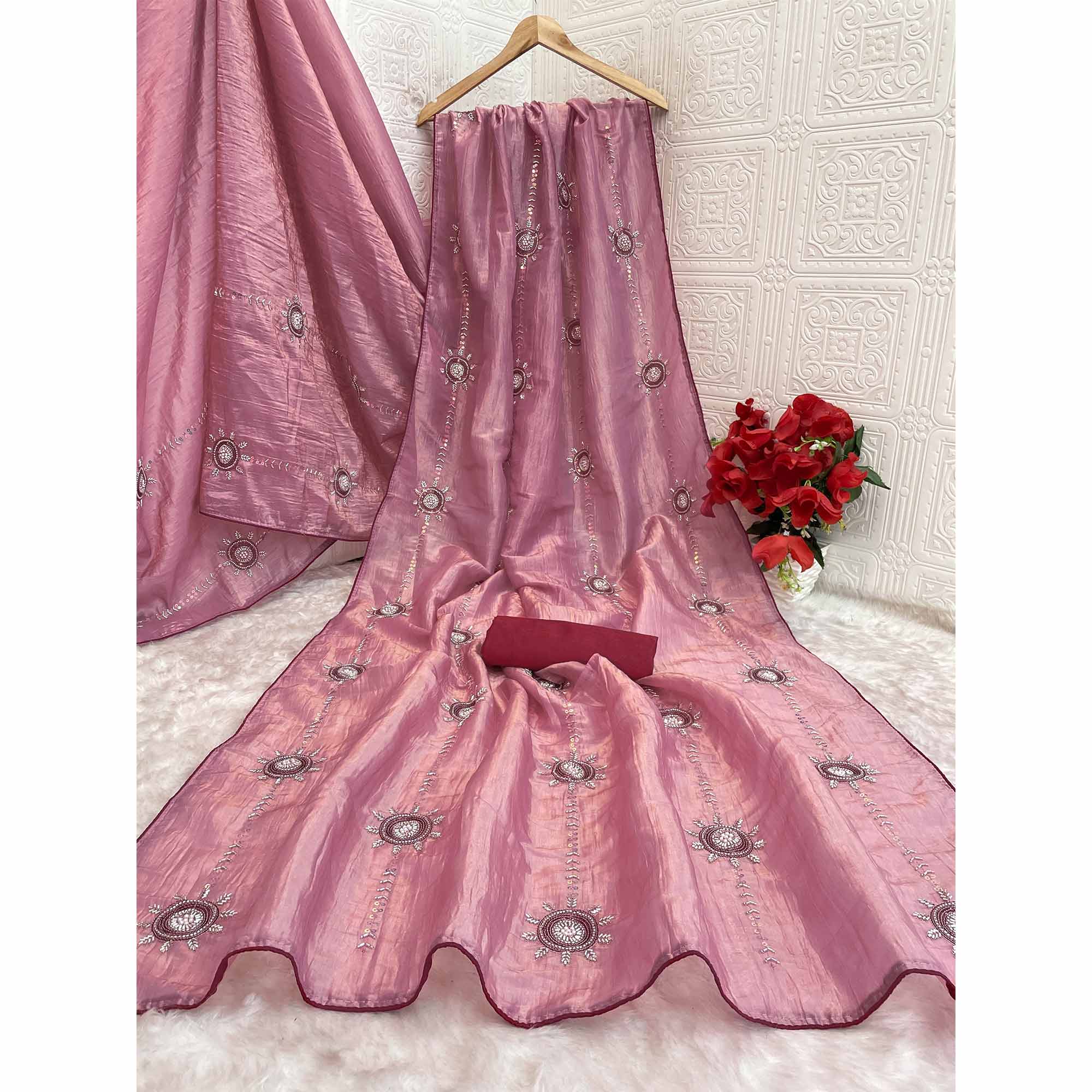 Pink Designer Silk Blend Saree Embellished with Stones & Beads