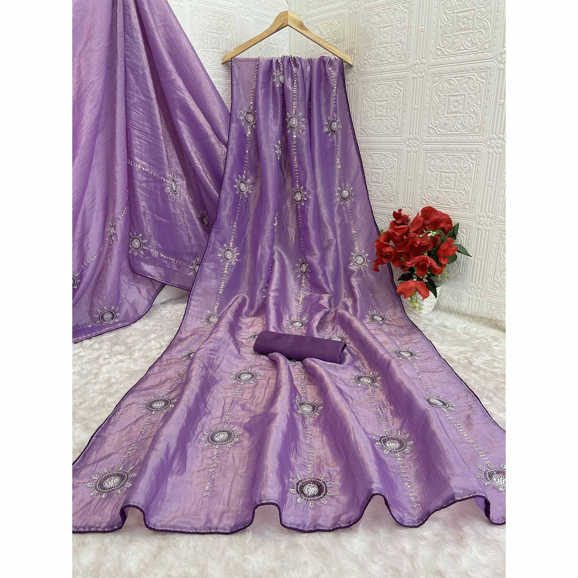 Purple Designer Silk Blend Saree Embellished with Stones & Beads