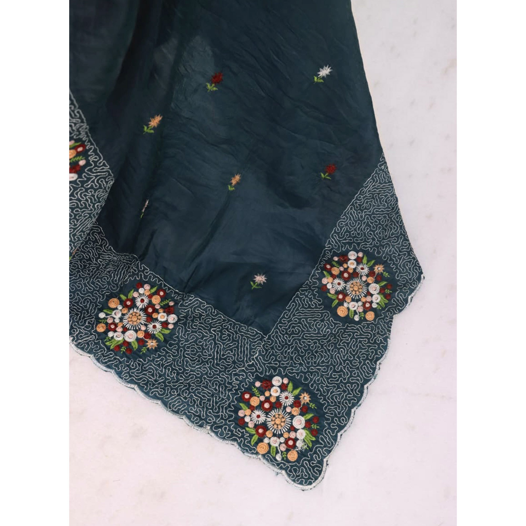 Deep Teal Cotton Silk Saree with Beautiful Floral Embroidery for Parties & Celebrations