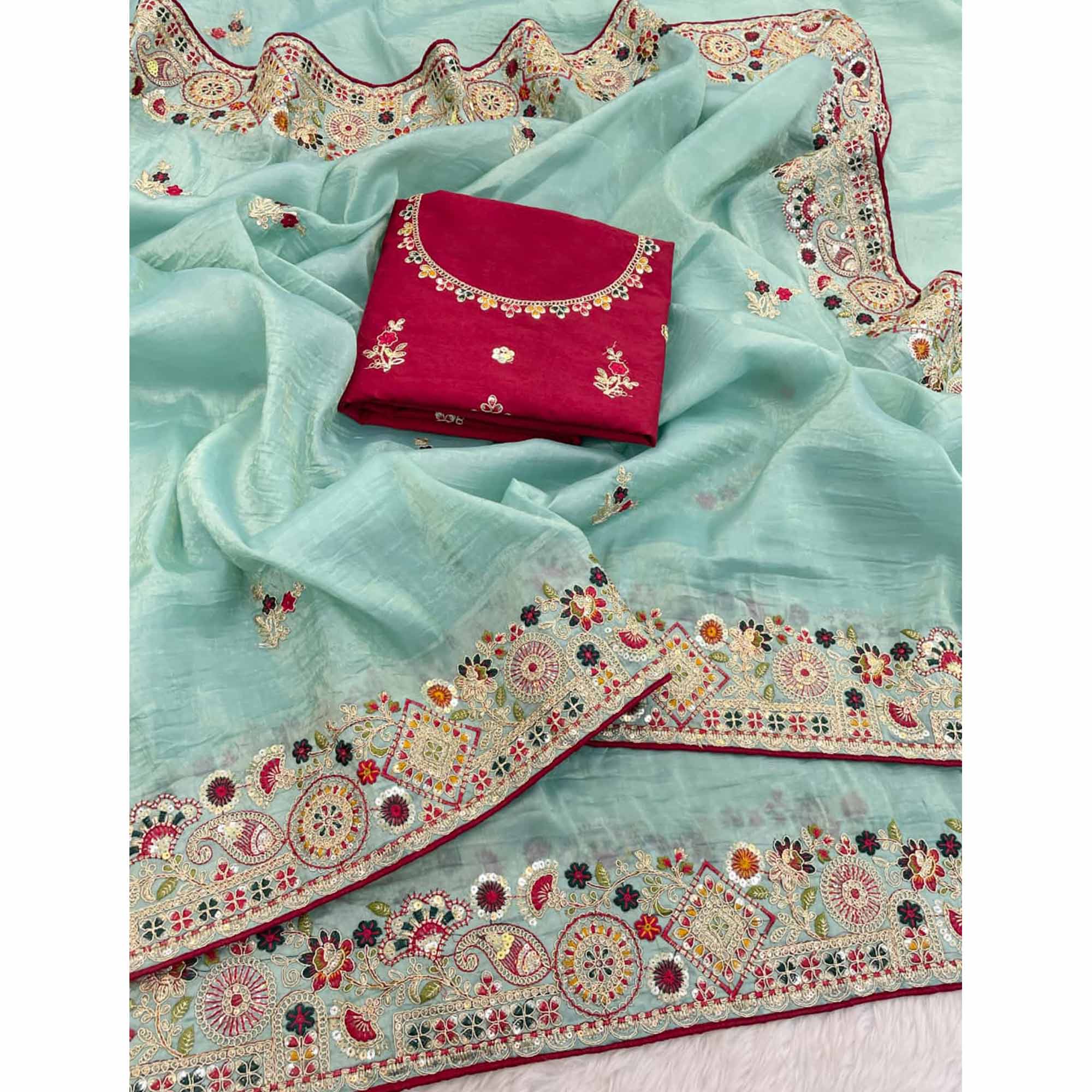 Aqua Blue Saree in Cotton Silk Fabric with Exquisite Floral Sequins Detailing