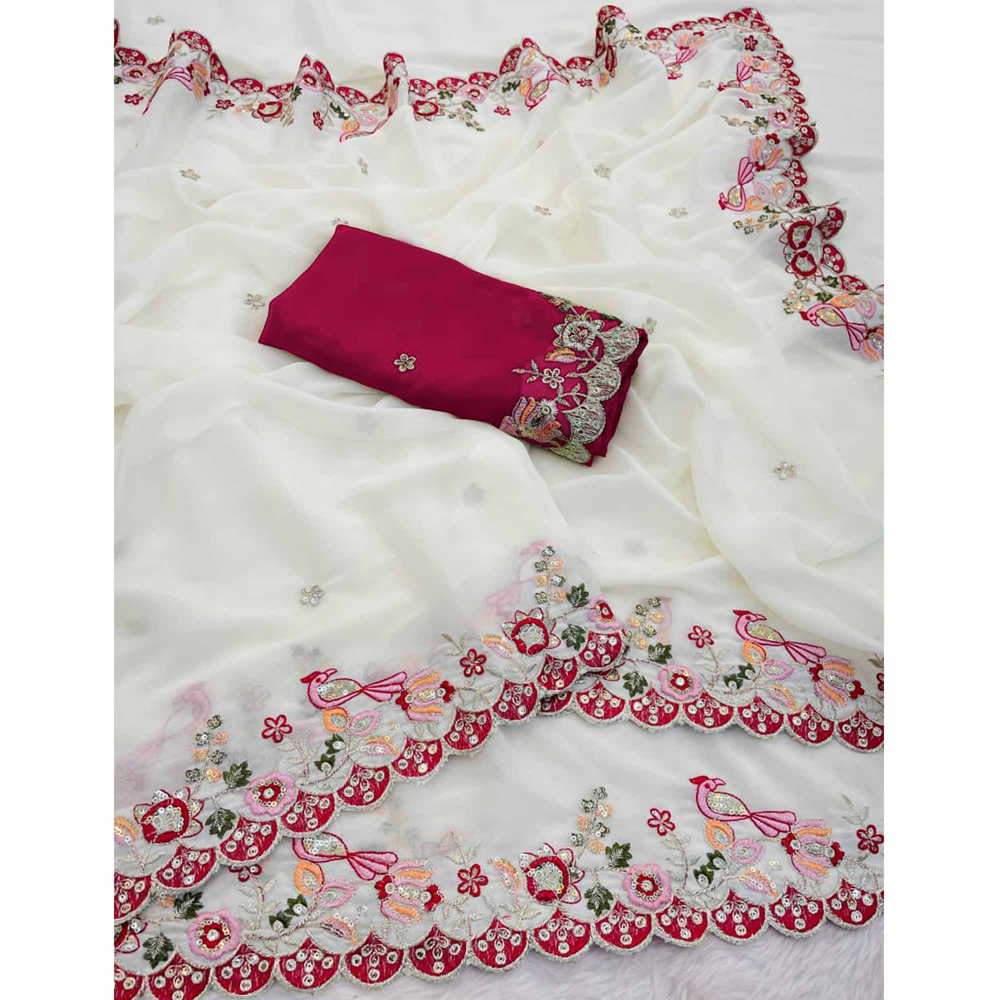 Stylish Off White Georgette Partywear Saree with Beautifully Embroidered Border Detailing