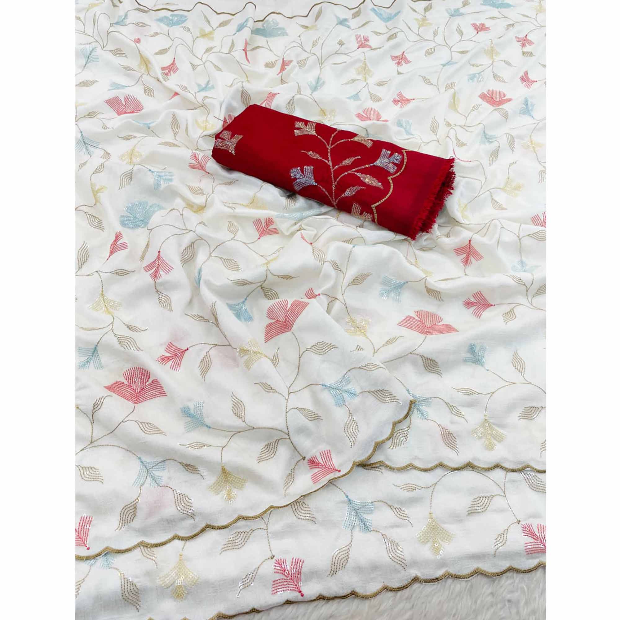 Graceful White Vichitra Silk Saree Adorned With Floral Sequins Embroidery & Golden Arco Border