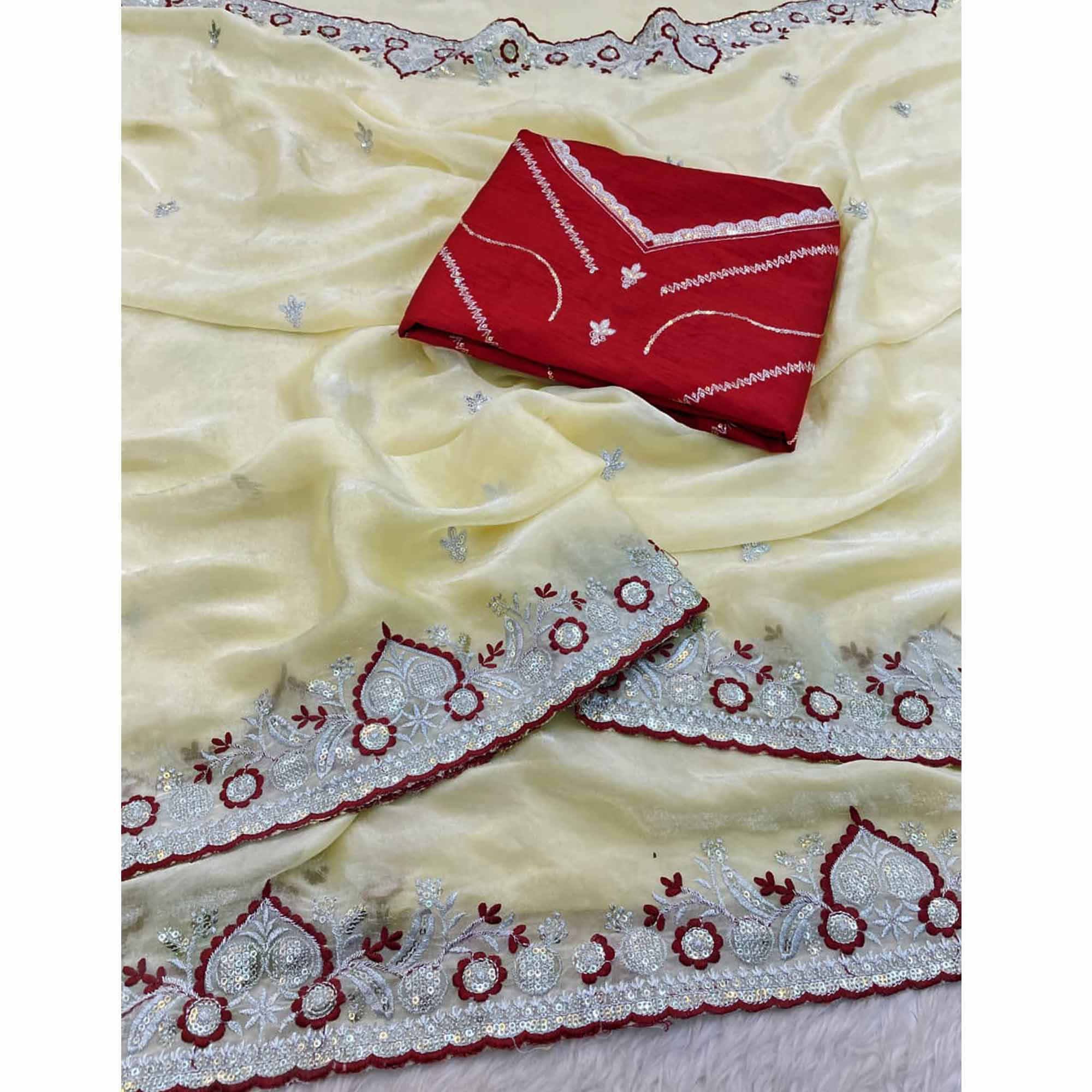 Radiant Cream Tissue Silk Saree Beautifully Embellished With Floral Thread & Sequins Embroidery